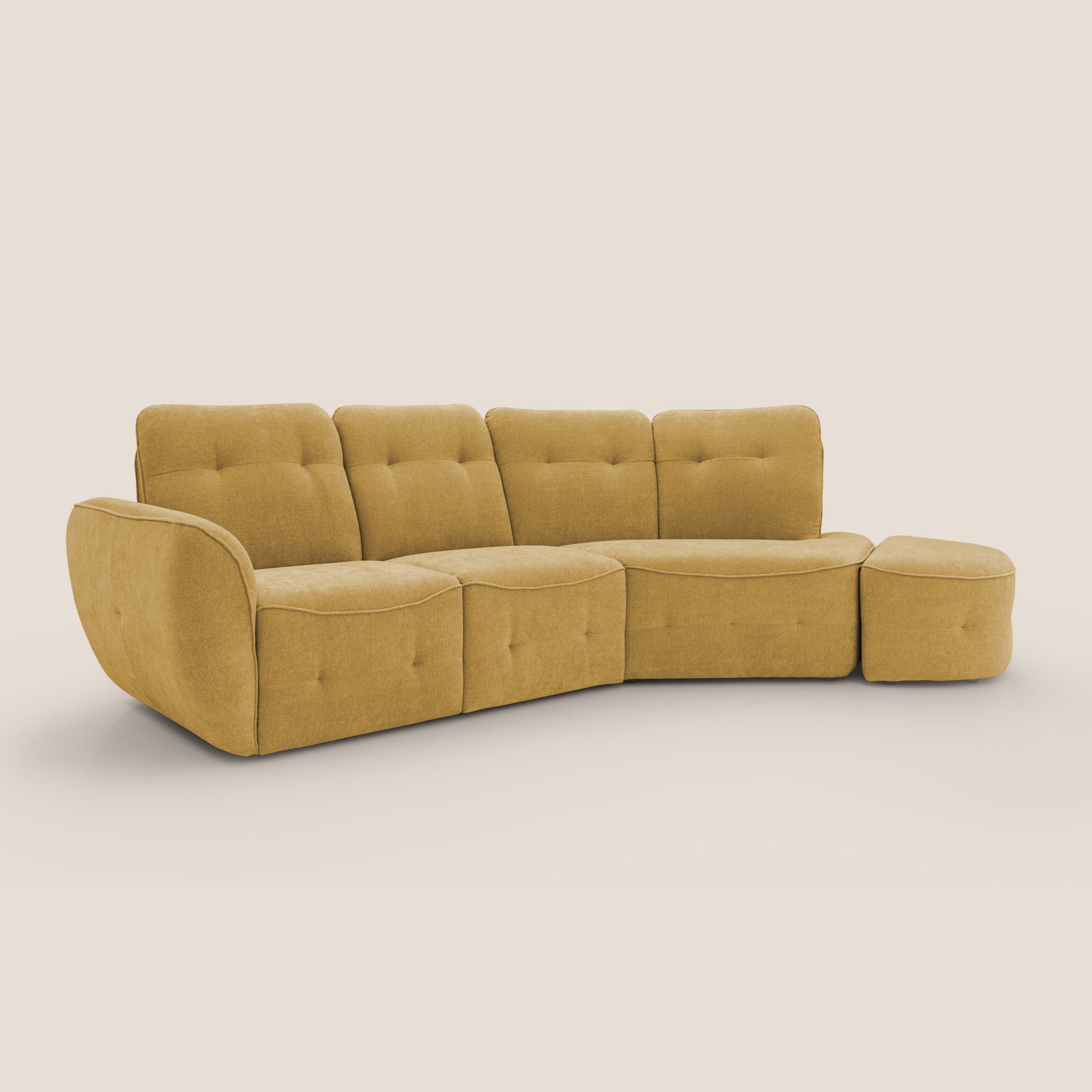 Cerbero divano angolare con pouf mobile in morbido bouclé impermeabile T07 giallo - divani.store
