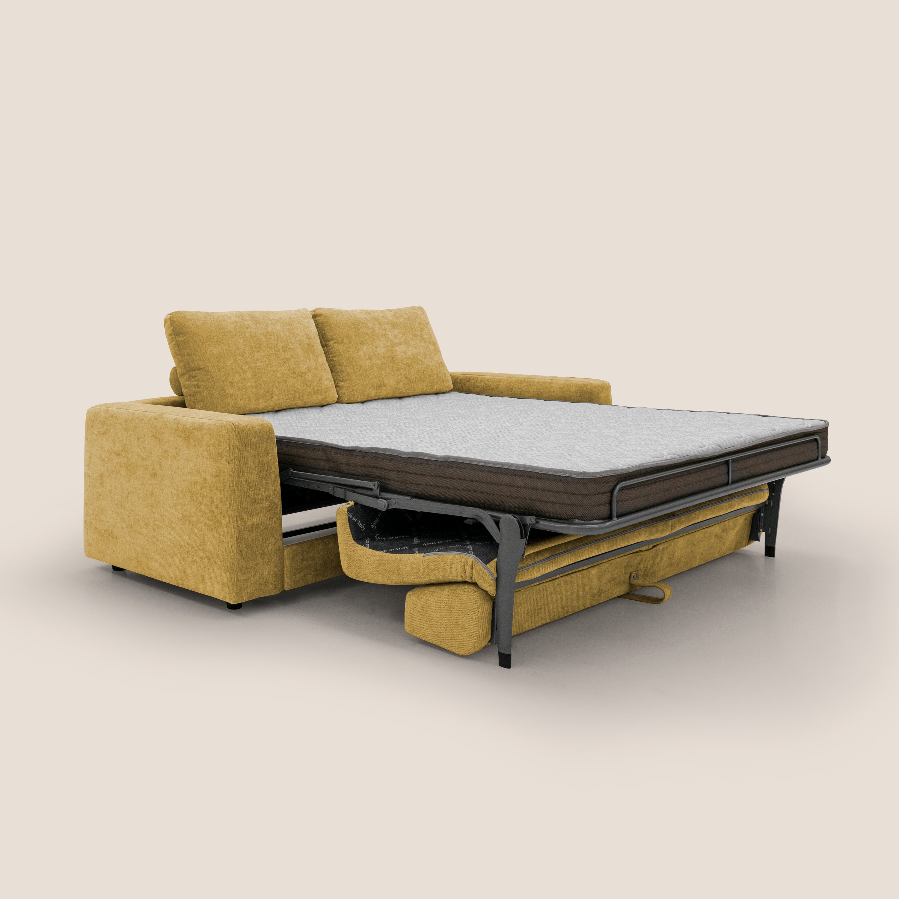 Freia Divano letto minimal materasso h15 cm con morbidi schienali in tessuto impermeabile T14 giallo - divani.store