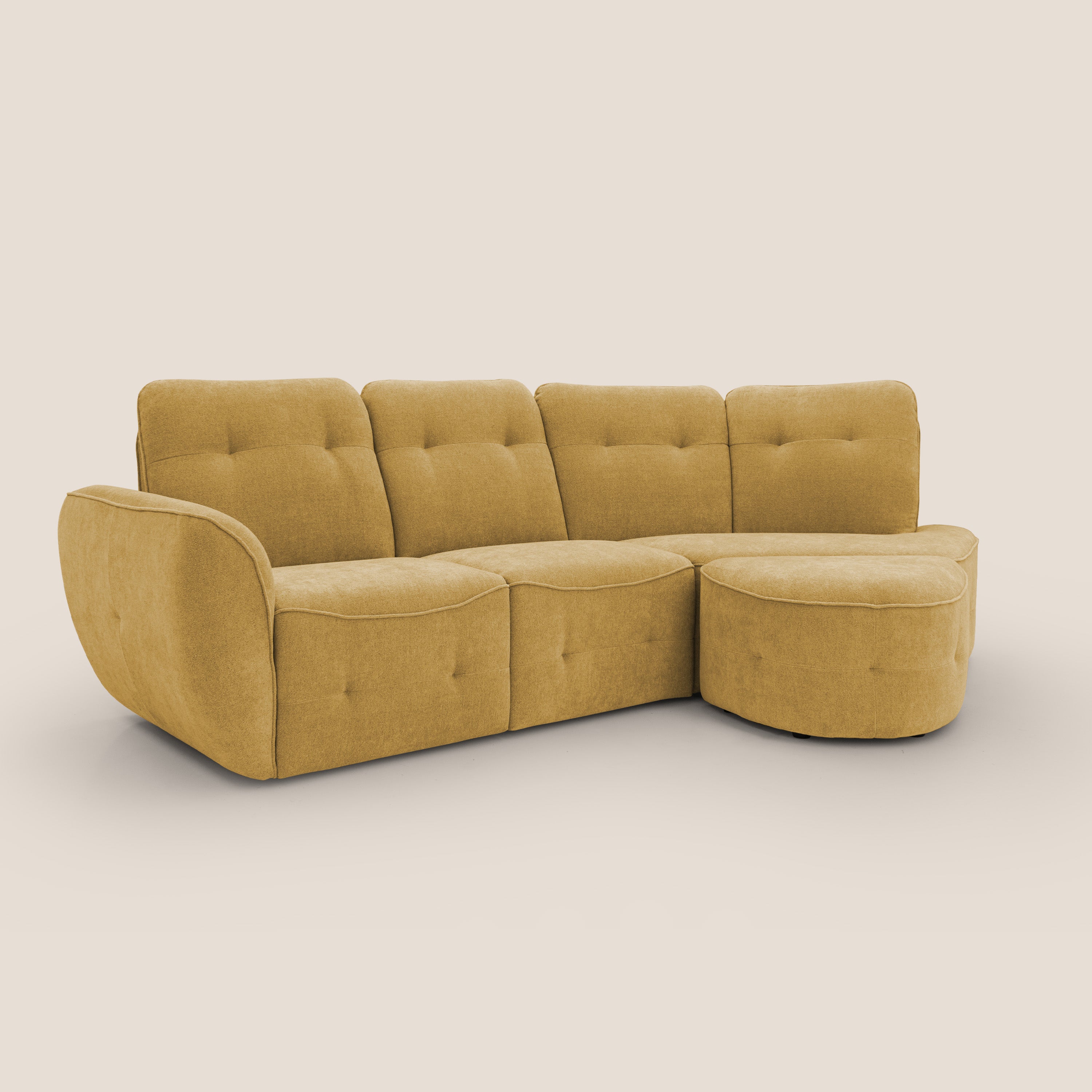 Cerbero divano angolare con pouf mobile in morbido bouclé impermeabile T07 giallo - divani.store