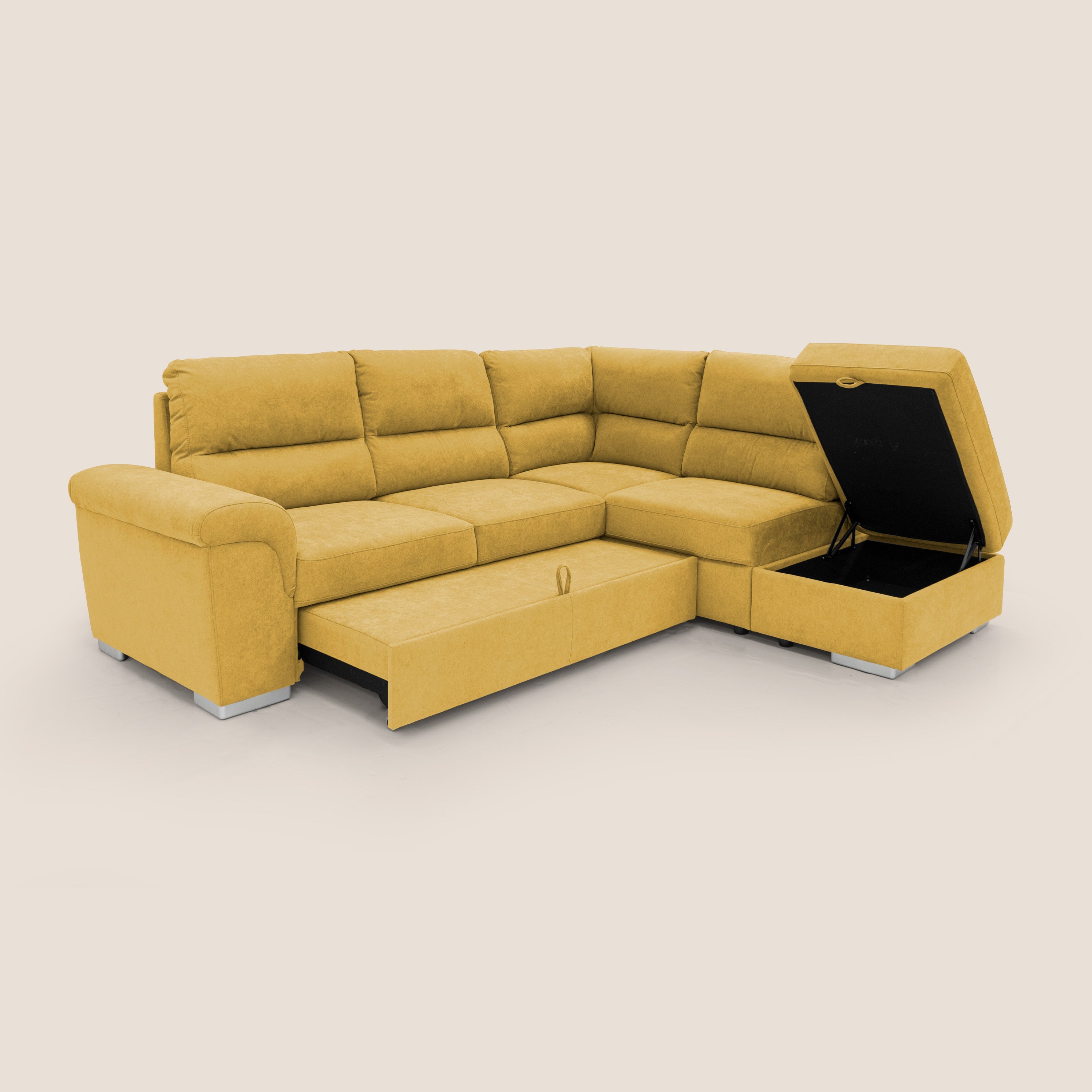 Minerva divano angolare con estraibile a cassettone e pouf contenitore in tessuto morbido impermeabile T02 giallo - divani.store