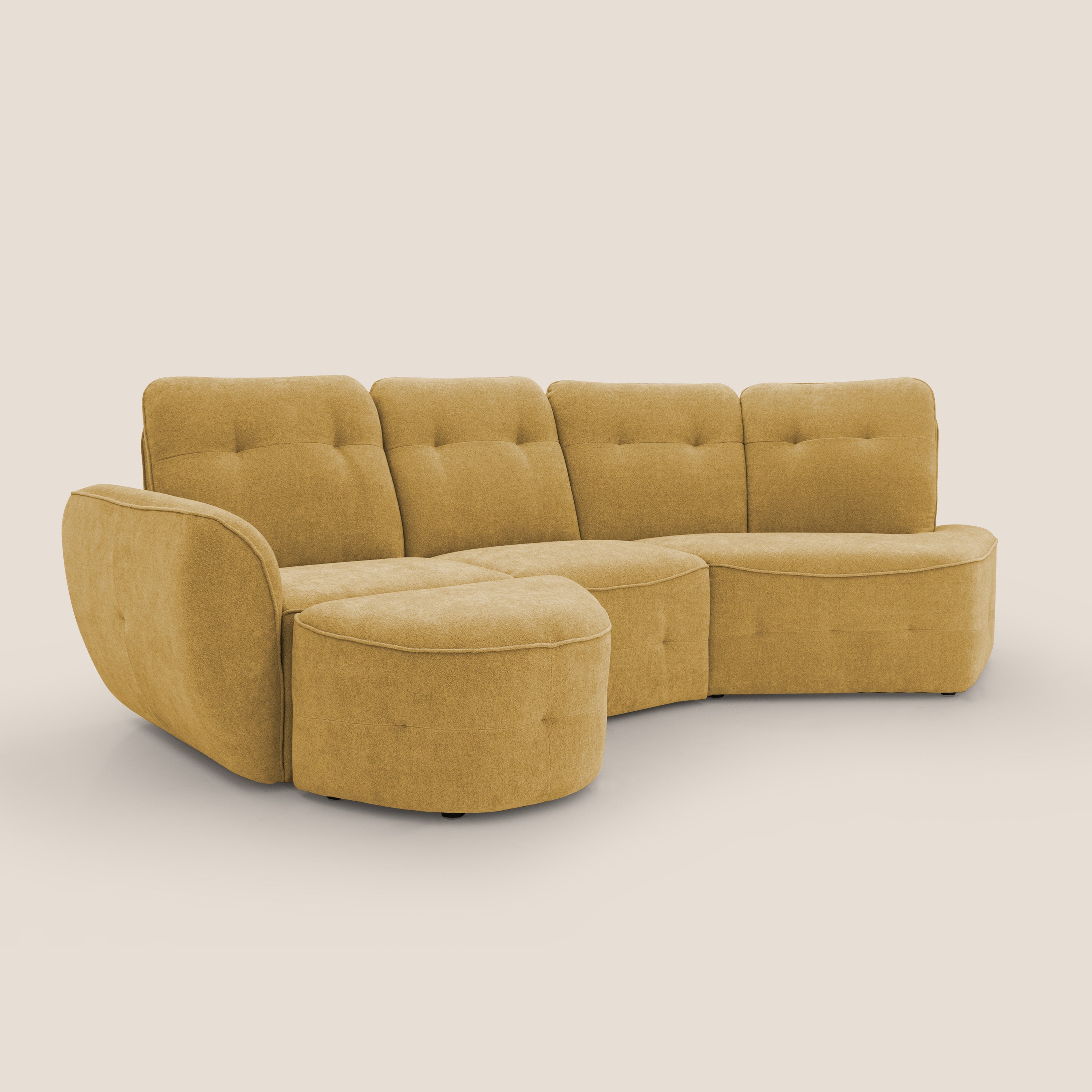 Cerbero divano angolare con pouf mobile in morbido bouclé impermeabile T07 giallo - divani.store