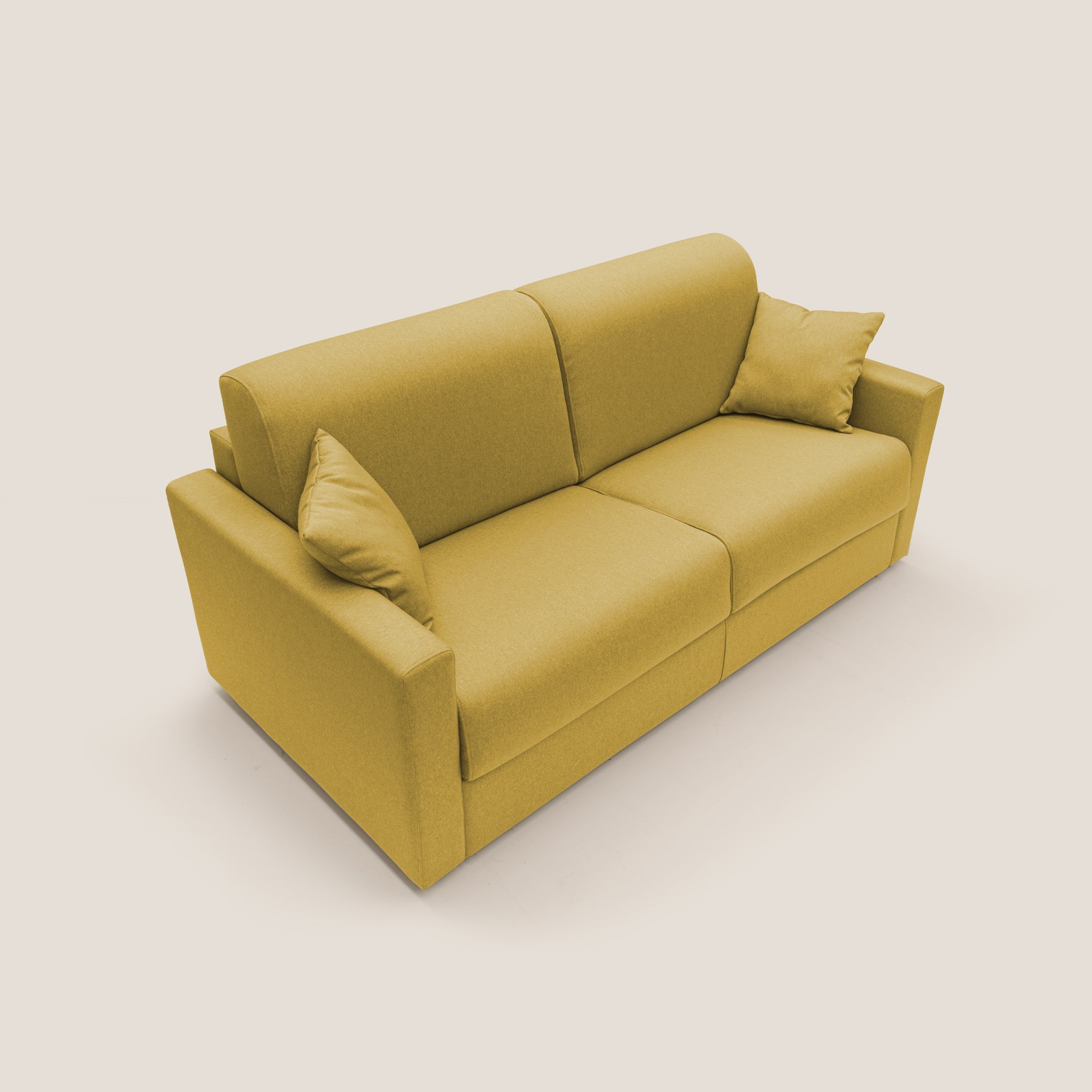 Il Divano letto Chris di Divani.Store, che misura 206 cm con un materasso di 160x197 cm, è realizzato in tessuto impermeabile T13 in un vivace colore giallo. Offre un design minimalista con linee pulite, braccioli squadrati e uno schienale alto in poliuretano espanso. Questo pezzo contemporaneo si distingue magnificamente su uno sfondo semplice e di colore chiaro.