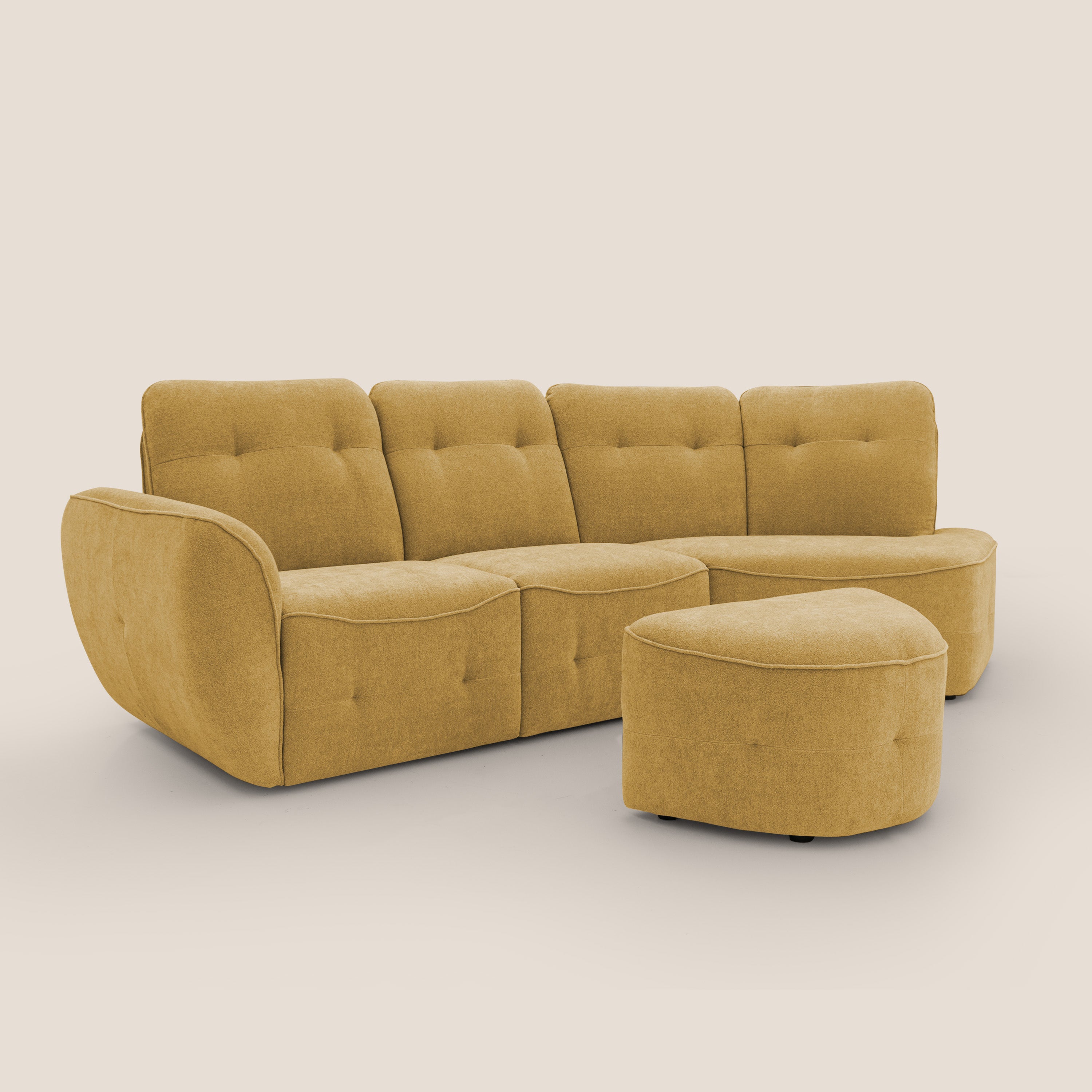 Cerbero divano angolare con pouf mobile in morbido bouclé impermeabile T07 giallo - divani.store