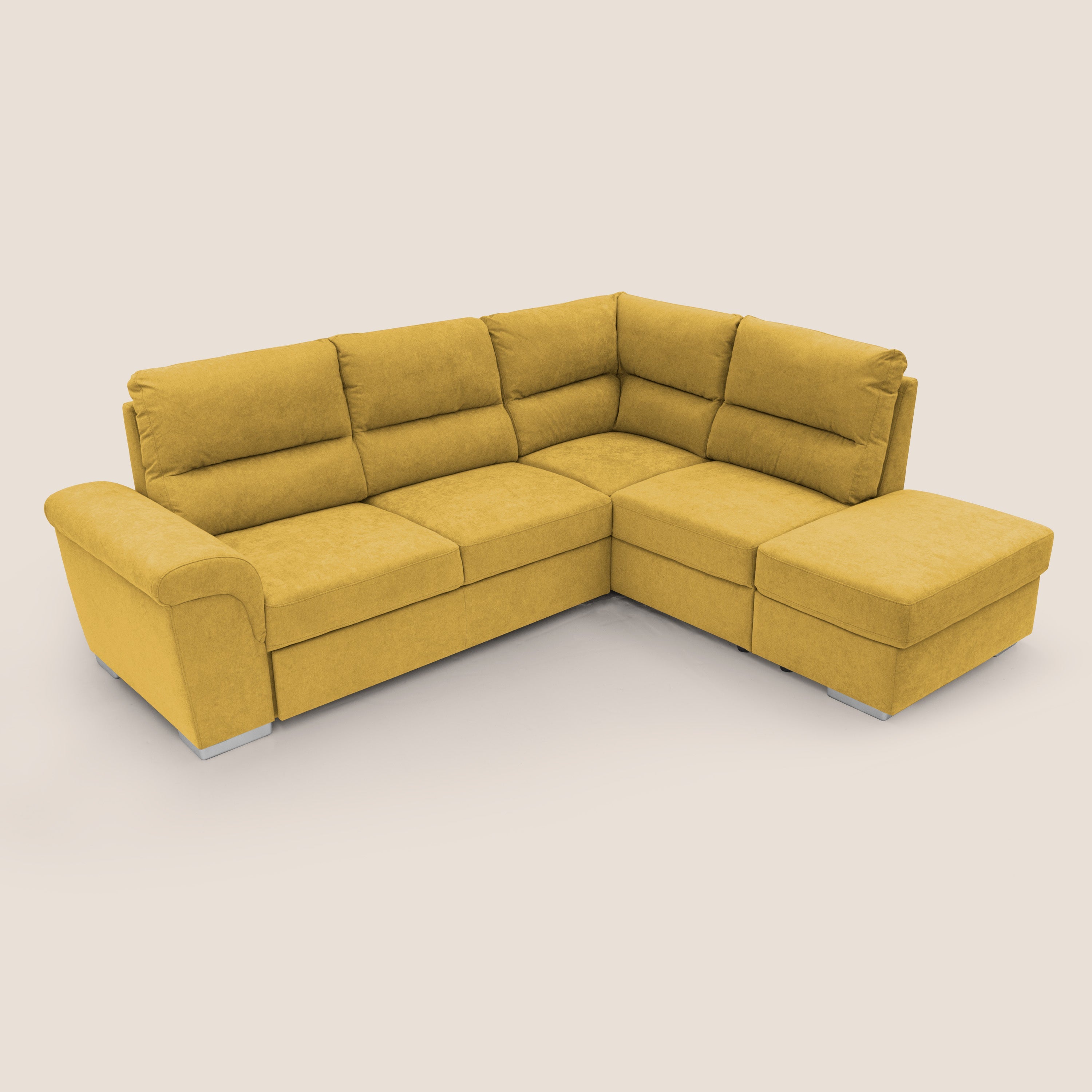 Minerva divano angolare con estraibile a cassettone e pouf contenitore in tessuto morbido impermeabile T02 giallo - divani.store