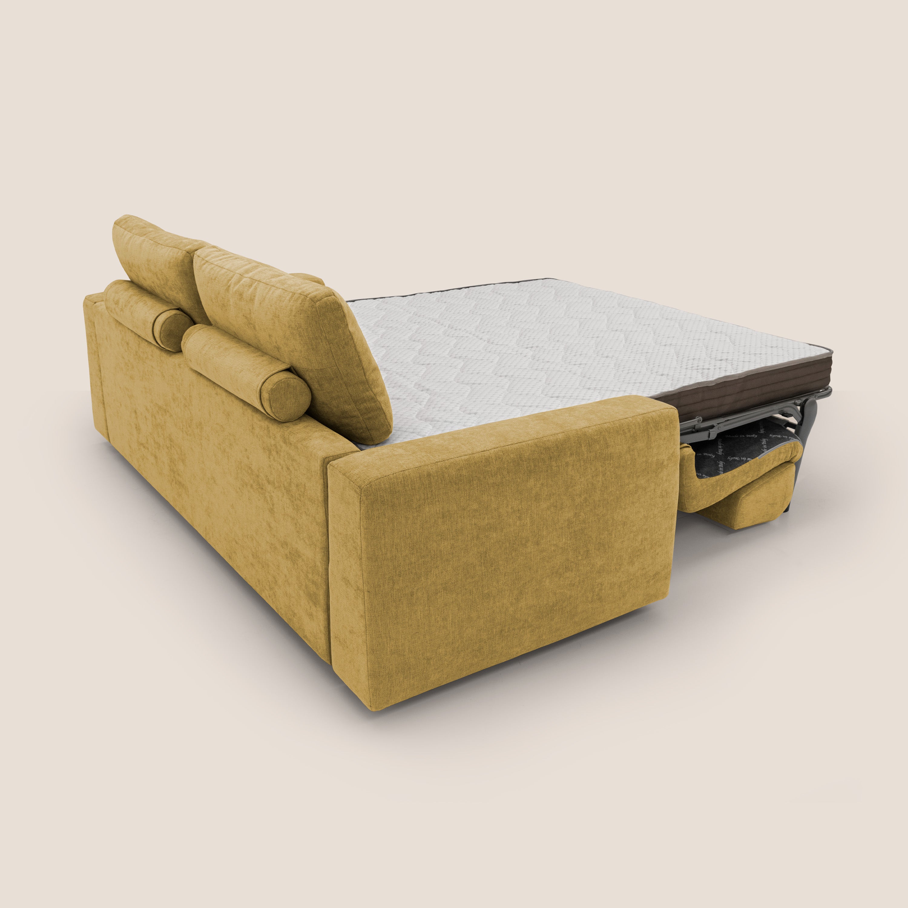 Freia Divano letto minimal materasso h15 cm con morbidi schienali in tessuto impermeabile T14 giallo - divani.store