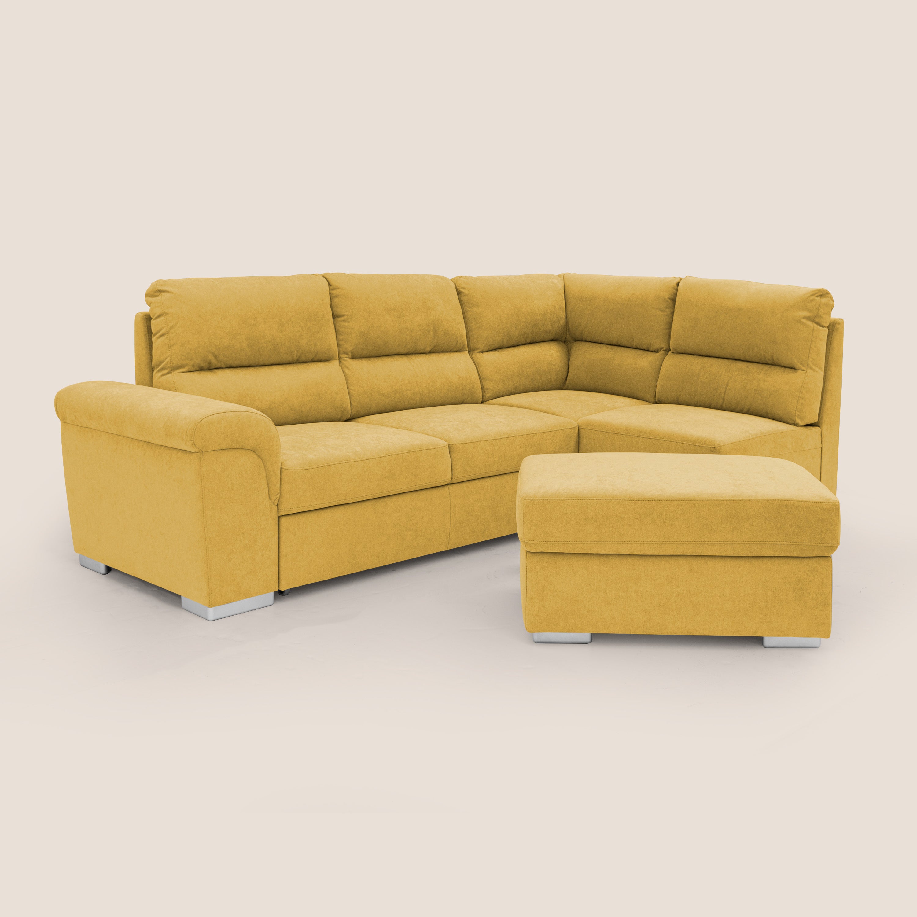 Minerva divano angolare con estraibile a cassettone e pouf contenitore in tessuto morbido impermeabile T02 giallo - divani.store