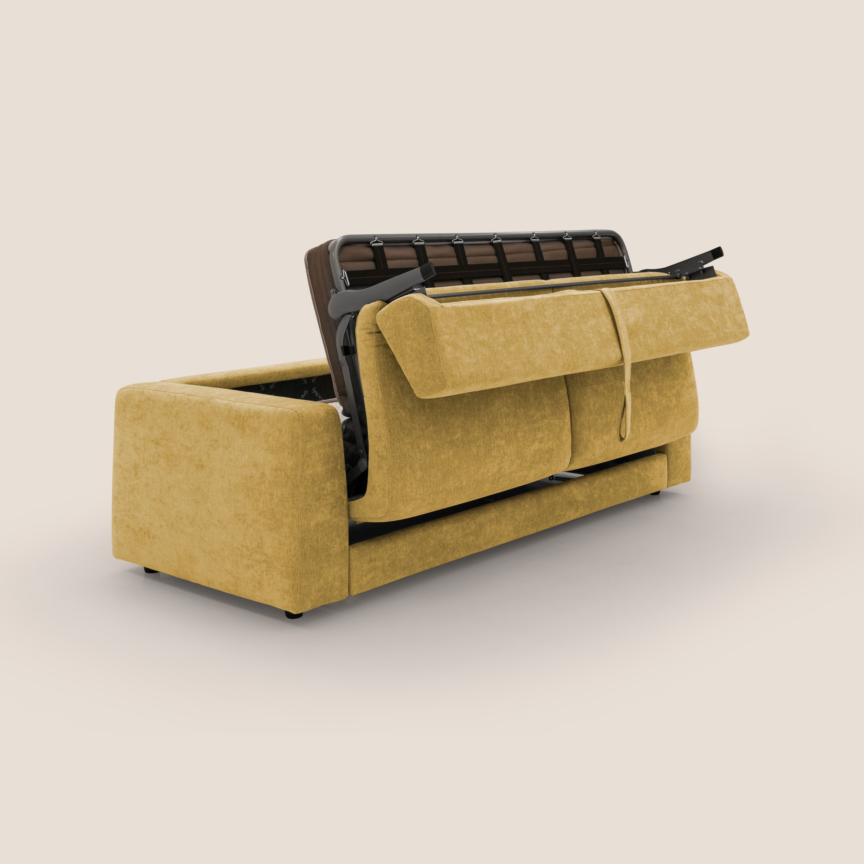 Freia Divano letto minimal materasso h15 cm con morbidi schienali in tessuto impermeabile T14 giallo - divani.store