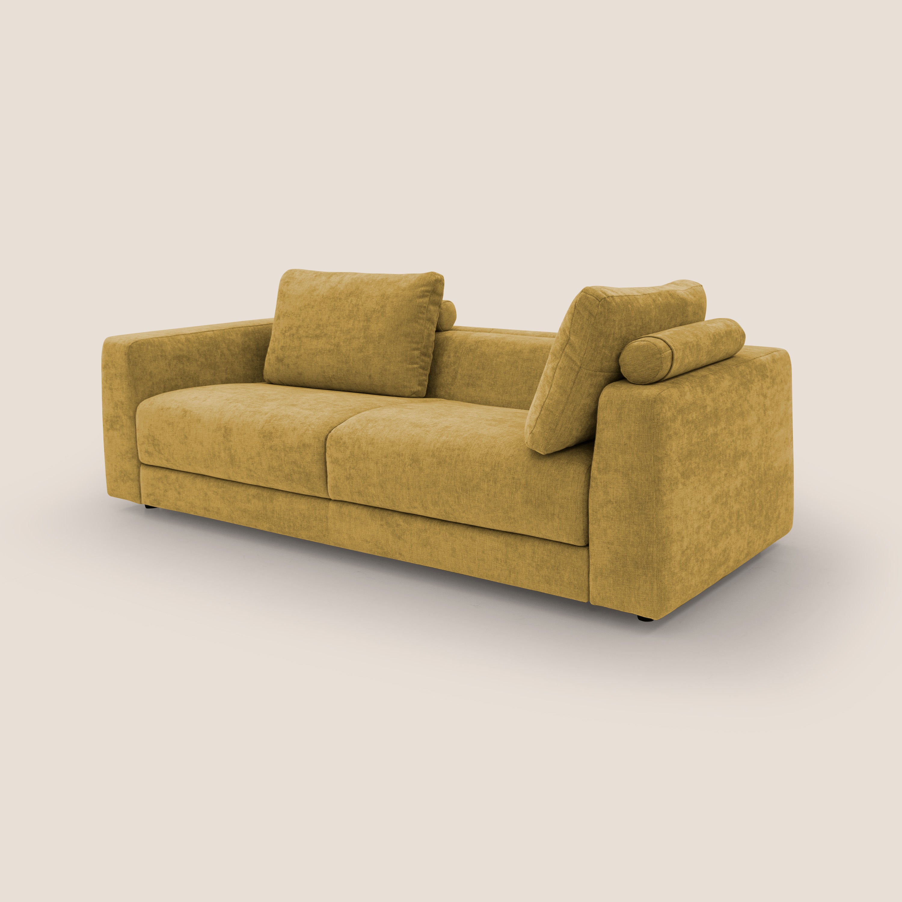 Freia Divano letto minimal materasso h15 cm con morbidi schienali in tessuto impermeabile T14 giallo - divani.store