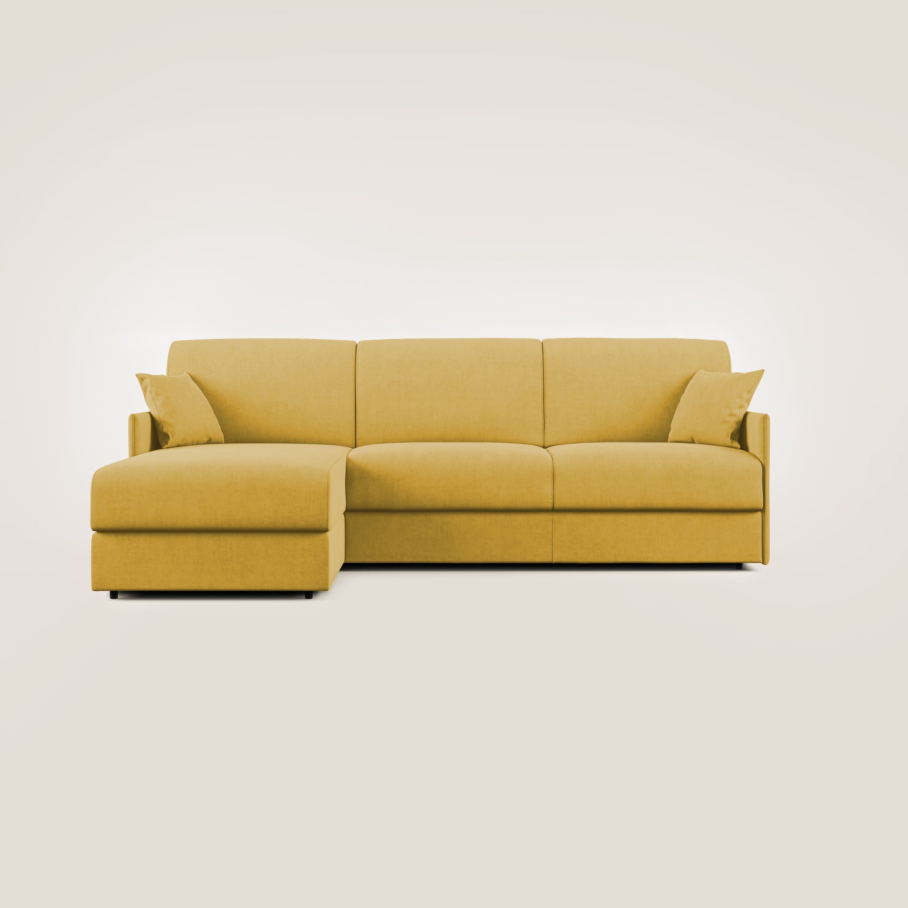Evans Divano letto angolare con penisola in morbido tessuto impermeabile T02 giallo - divani.store