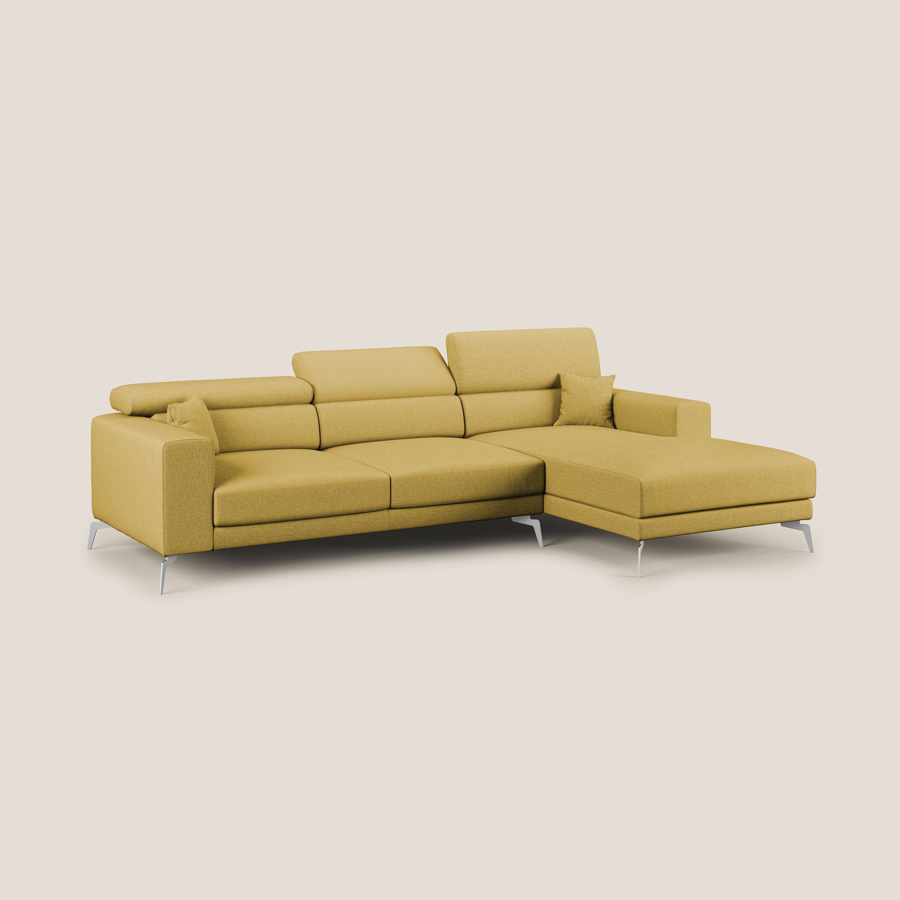 Blade Divano moderno angolare con poggiatesta reclinabili in tessuto impermeabile simil-cotone T13 giallo - divani.store