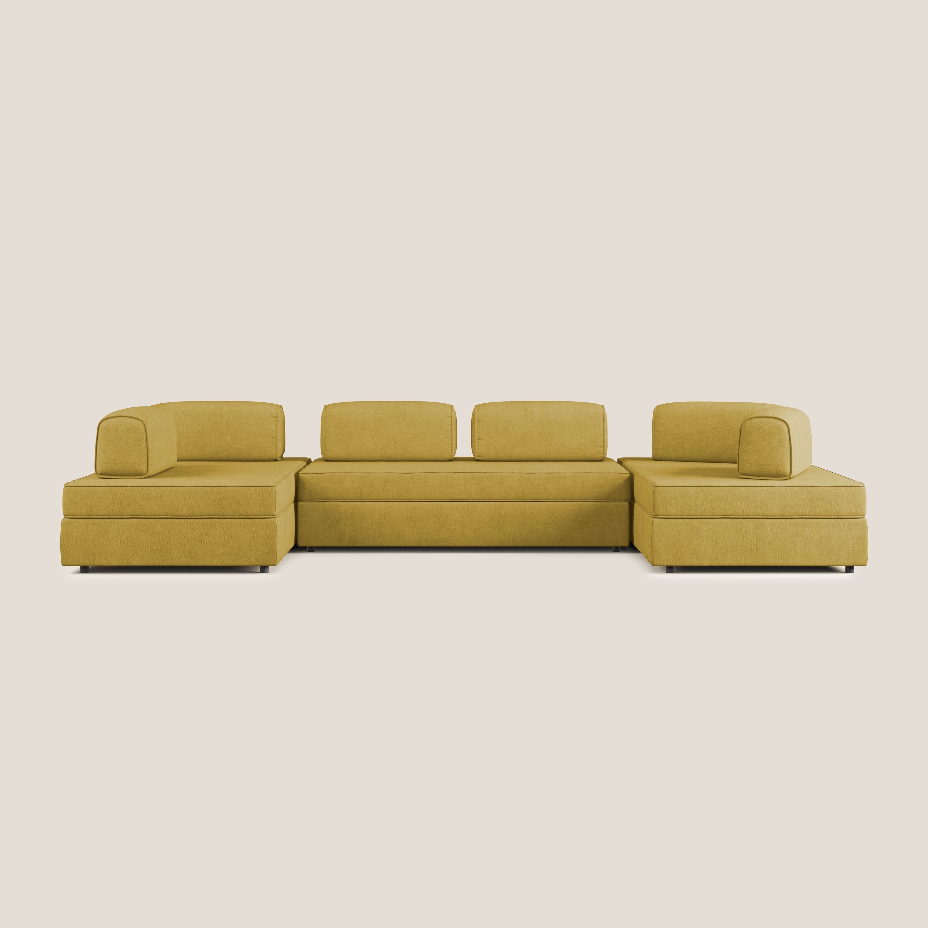 Liberty divano panoramico con pouf estraibile e schienali movibili in tessuto morbido impermeabile T02 giallo - divani.store