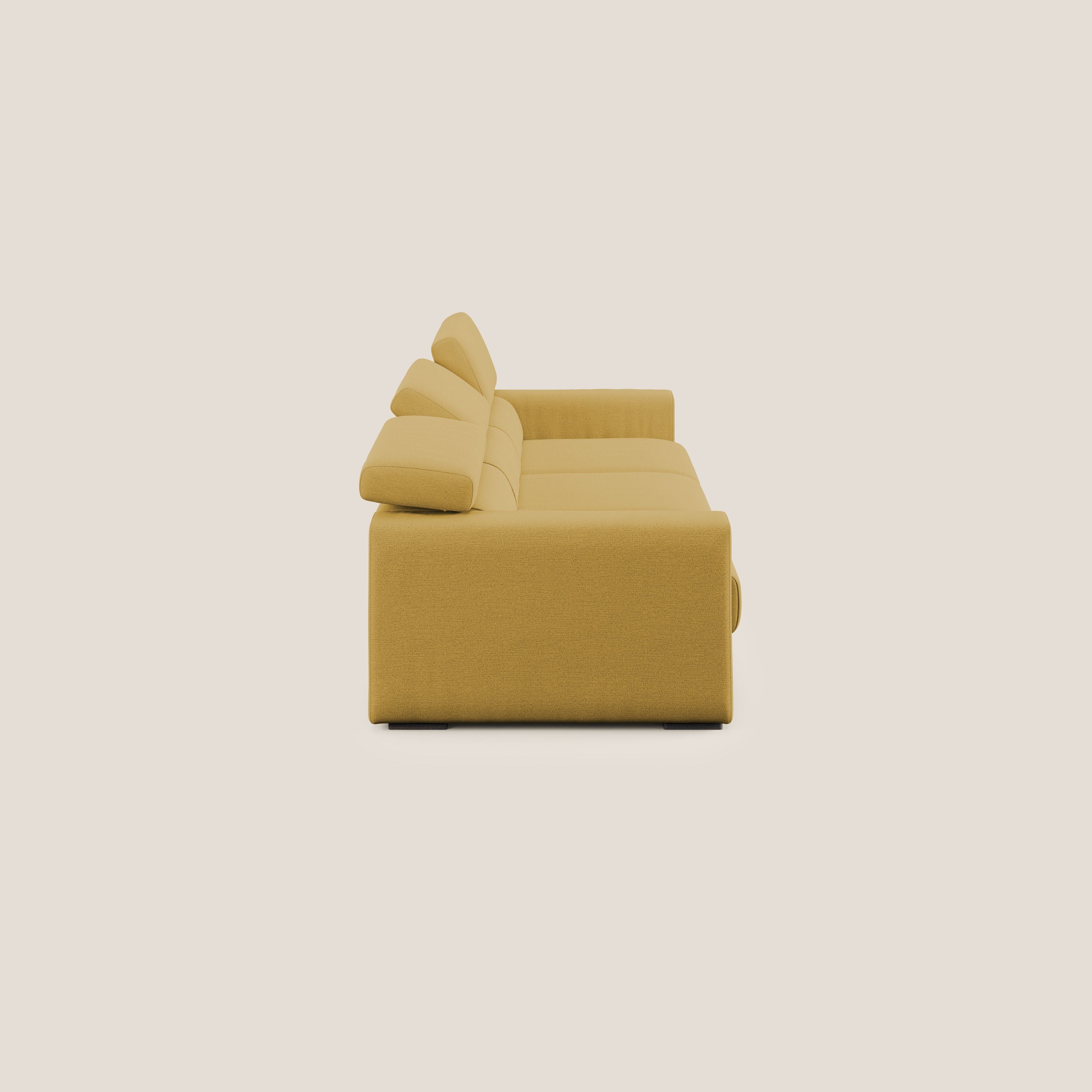 Dylan divano a 3 sedute con pouf estraibile poggiapiedi in tessuto fiammato simil cotone impermeabile T19 giallo - divani.store
