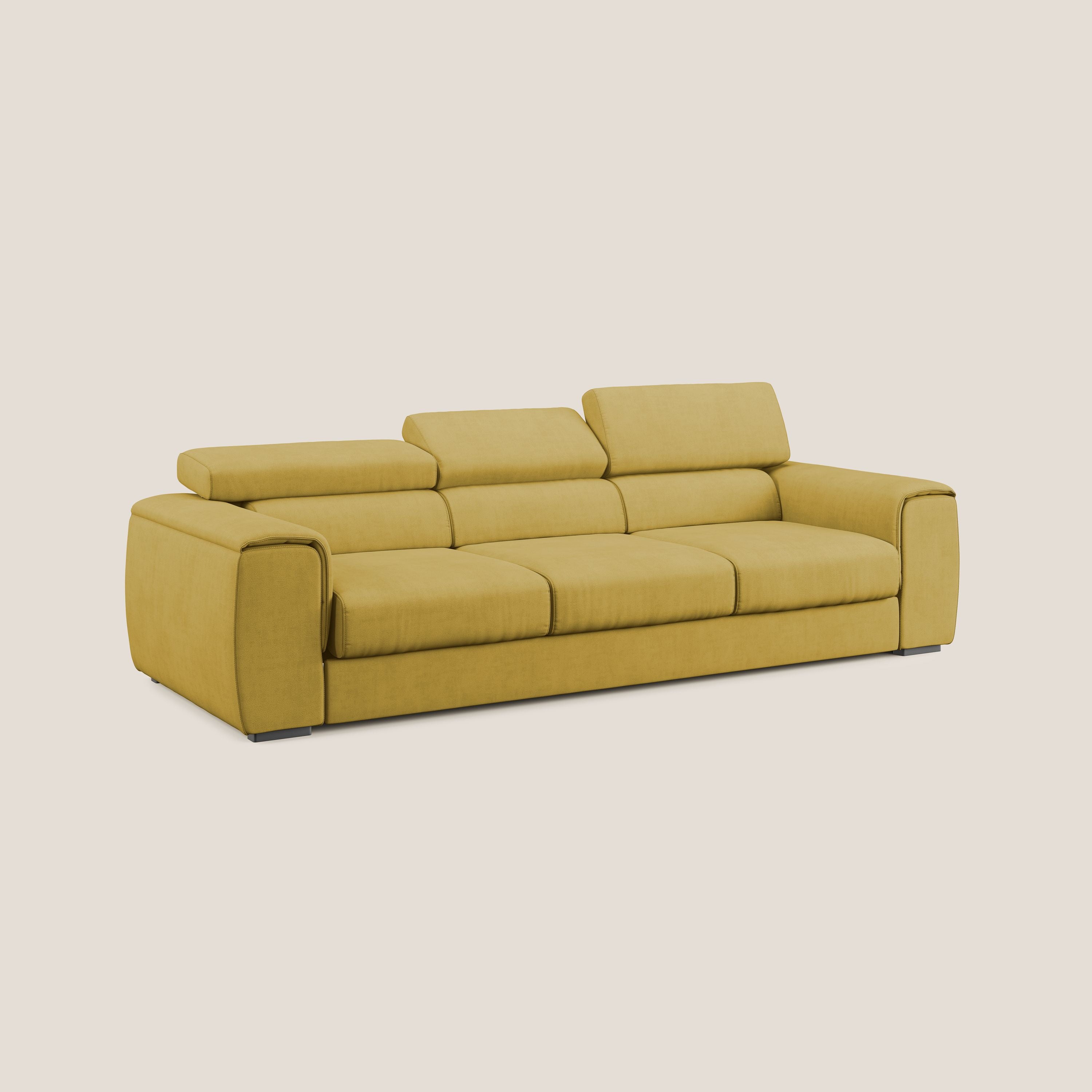 Zeno Divano con pouf estraibile poggiapiedi a 3 sedute in tessuto morbido impermeabile T02 giallo - divani.store