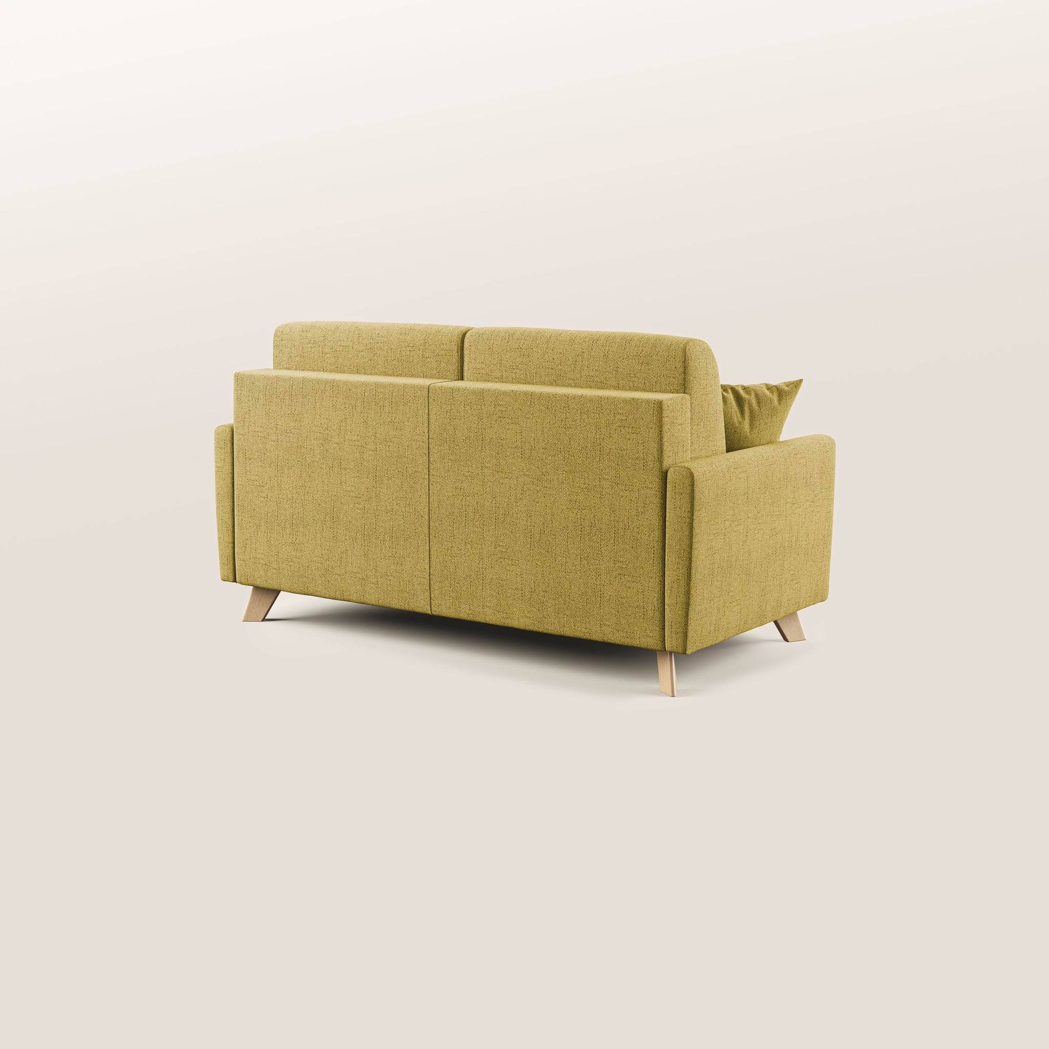 Vista del divano letto Edgar da 200 cm di Divani.Store, che mostra il suo moderno design verde oliva su gambe in legno chiaro. Questo divano letto presenta due cuscini per lo schienale e un'estetica minimalista, su uno sfondo chiaro e neutro. Realizzato in Italia, il suo tessuto impermeabile esalta sia l'eleganza che la funzionalità. Un singolo cuscino adorna elegantemente il lato destro.