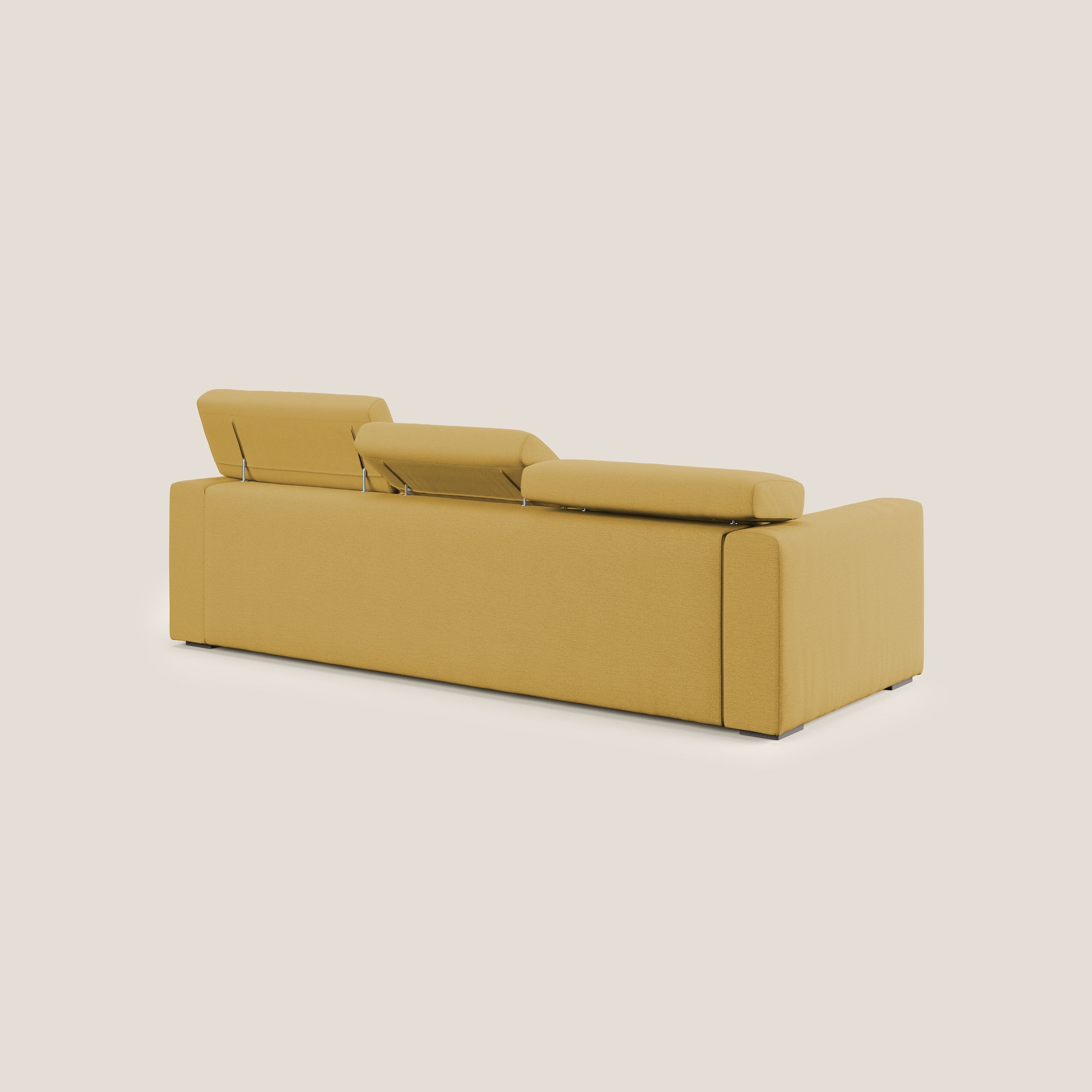 Dylan divano a 3 sedute con pouf estraibile poggiapiedi in tessuto fiammato simil cotone impermeabile T19 giallo - divani.store