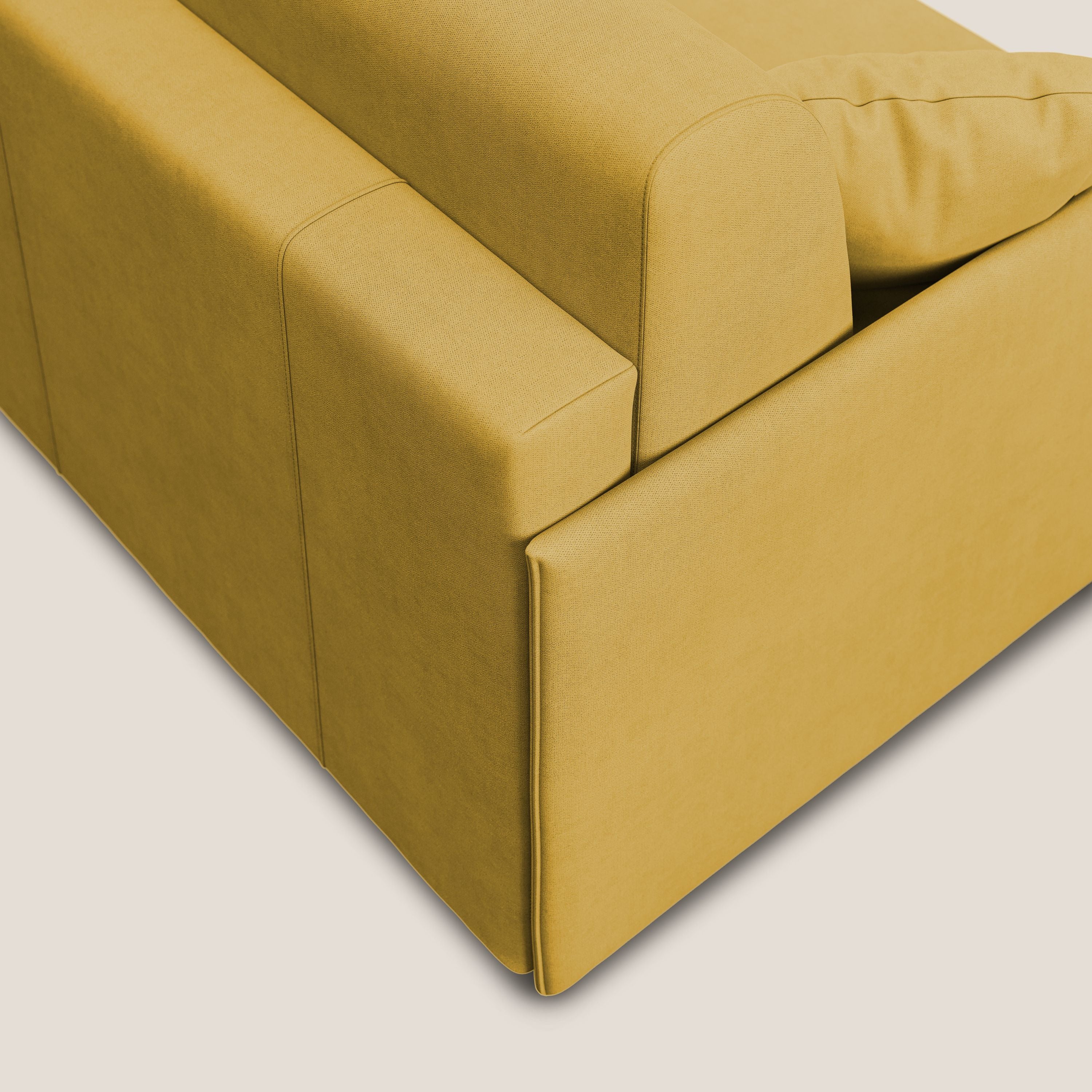 Evans Divano letto angolare con penisola in morbido tessuto impermeabile T02 giallo - divani.store