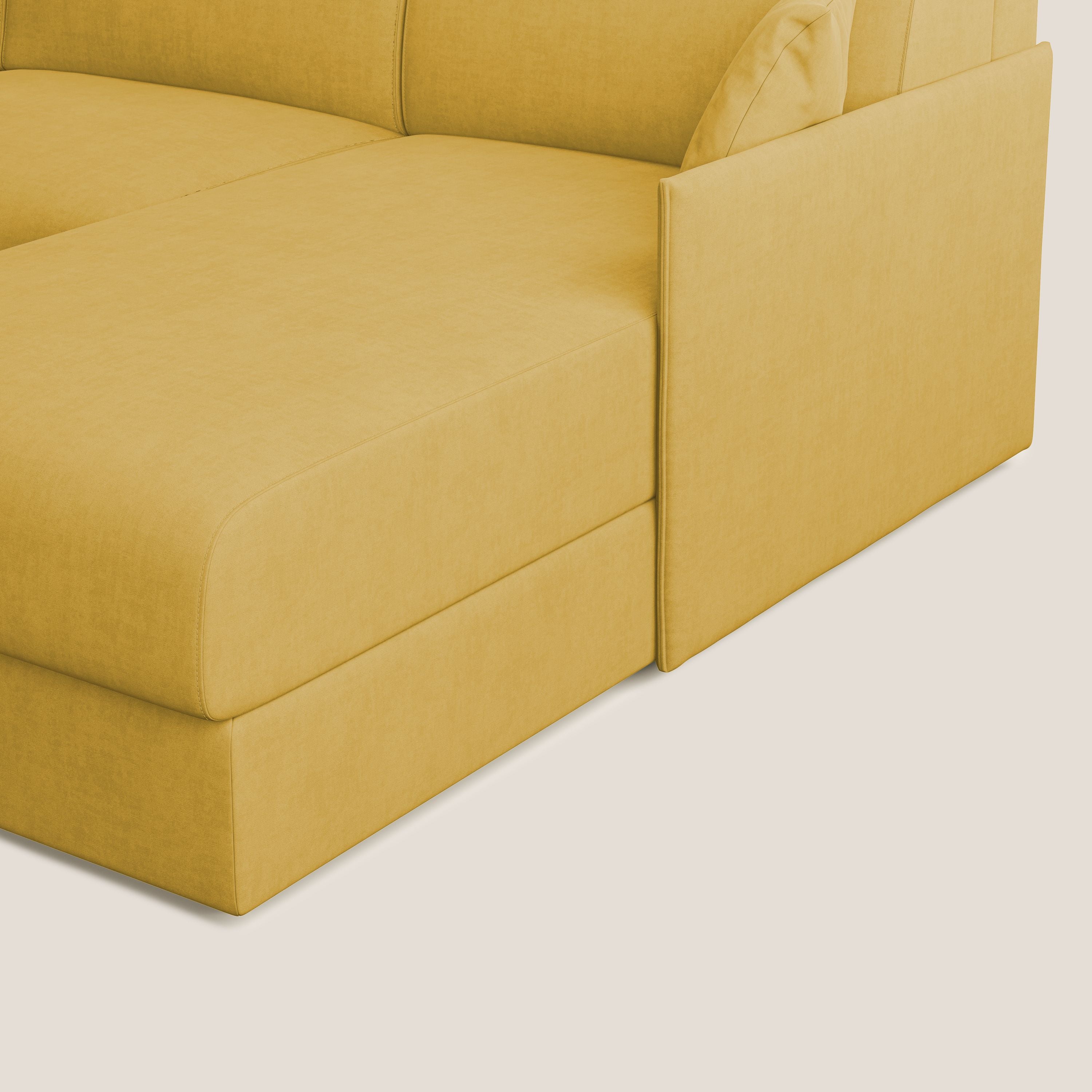 Evans Divano letto angolare con penisola in morbido tessuto impermeabile T02 giallo - divani.store