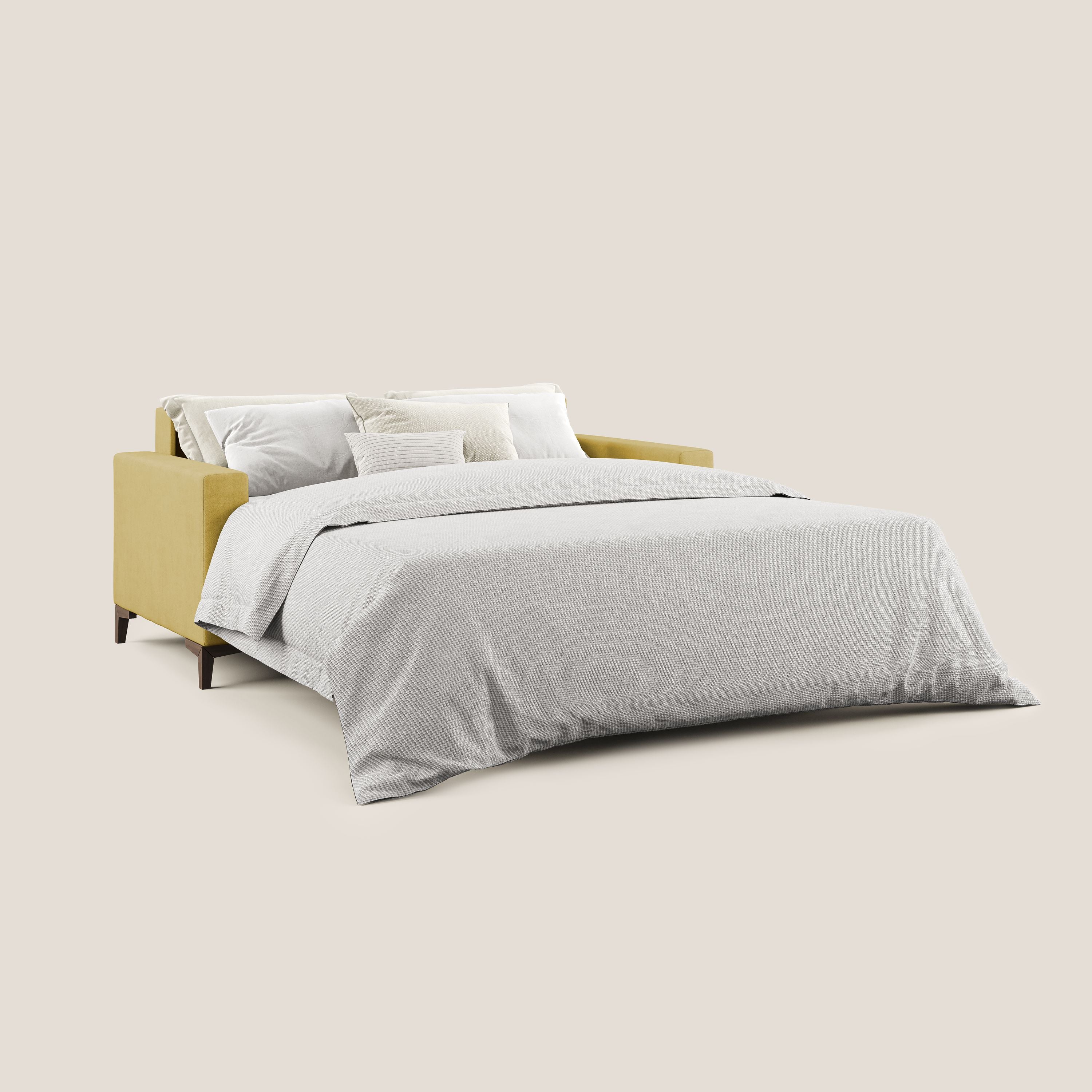 Kafka divano letto matrimoniale in morbido tessuto impermeabile T02 giallo - divani.store