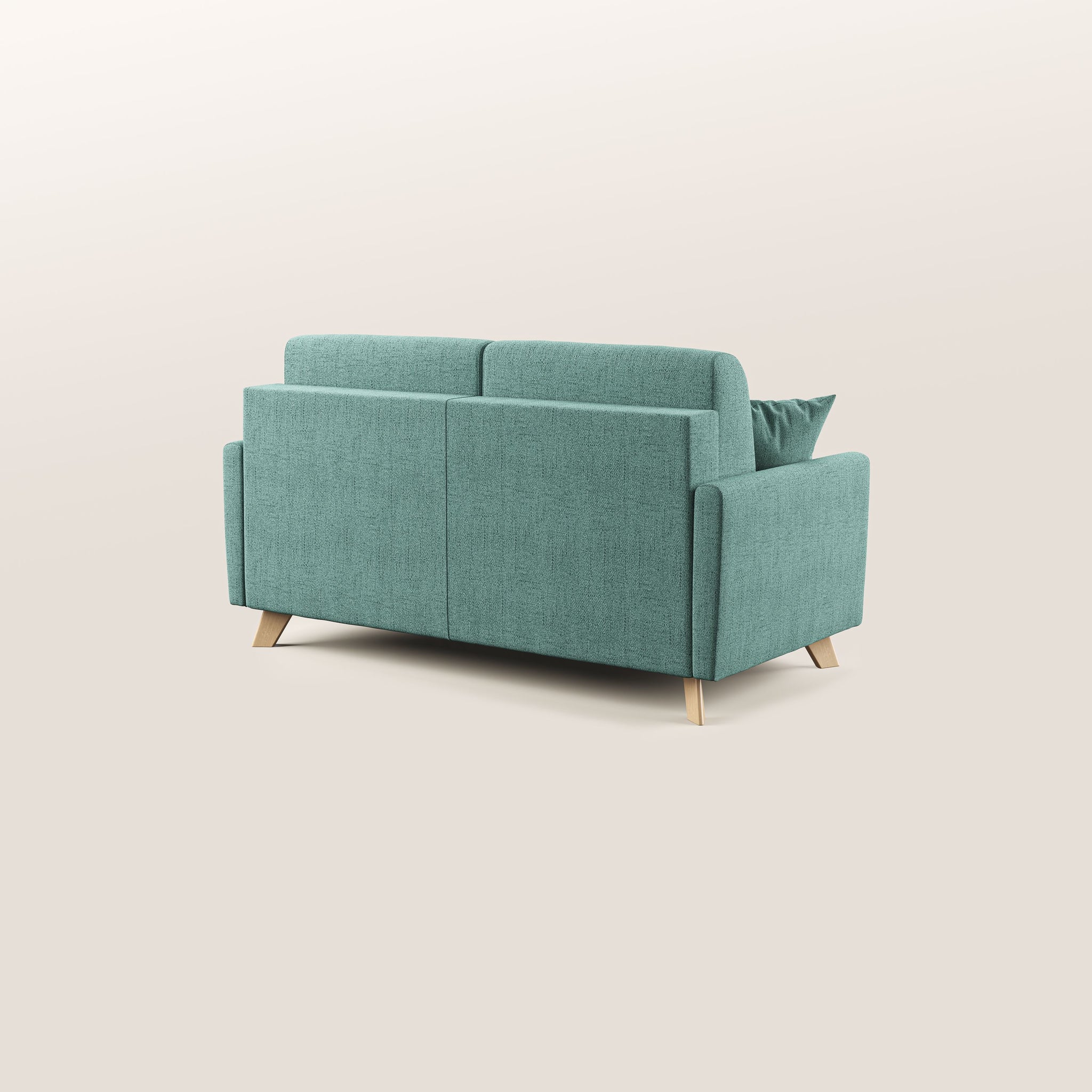 Un divano letto contemporaneo Edgar di Divani.Store, che misura 180 cm con un materasso di 140x197 cm, è esposto sul retro. Il design vanta linee pulite e gambe in legno, con un motivo testurizzato sottile in tessuto impermeabile T03 VERDE ACQUA. Un lato è decorato con cuscini morbidi su uno sfondo beige sfumato che accentua il suo stile elegante.