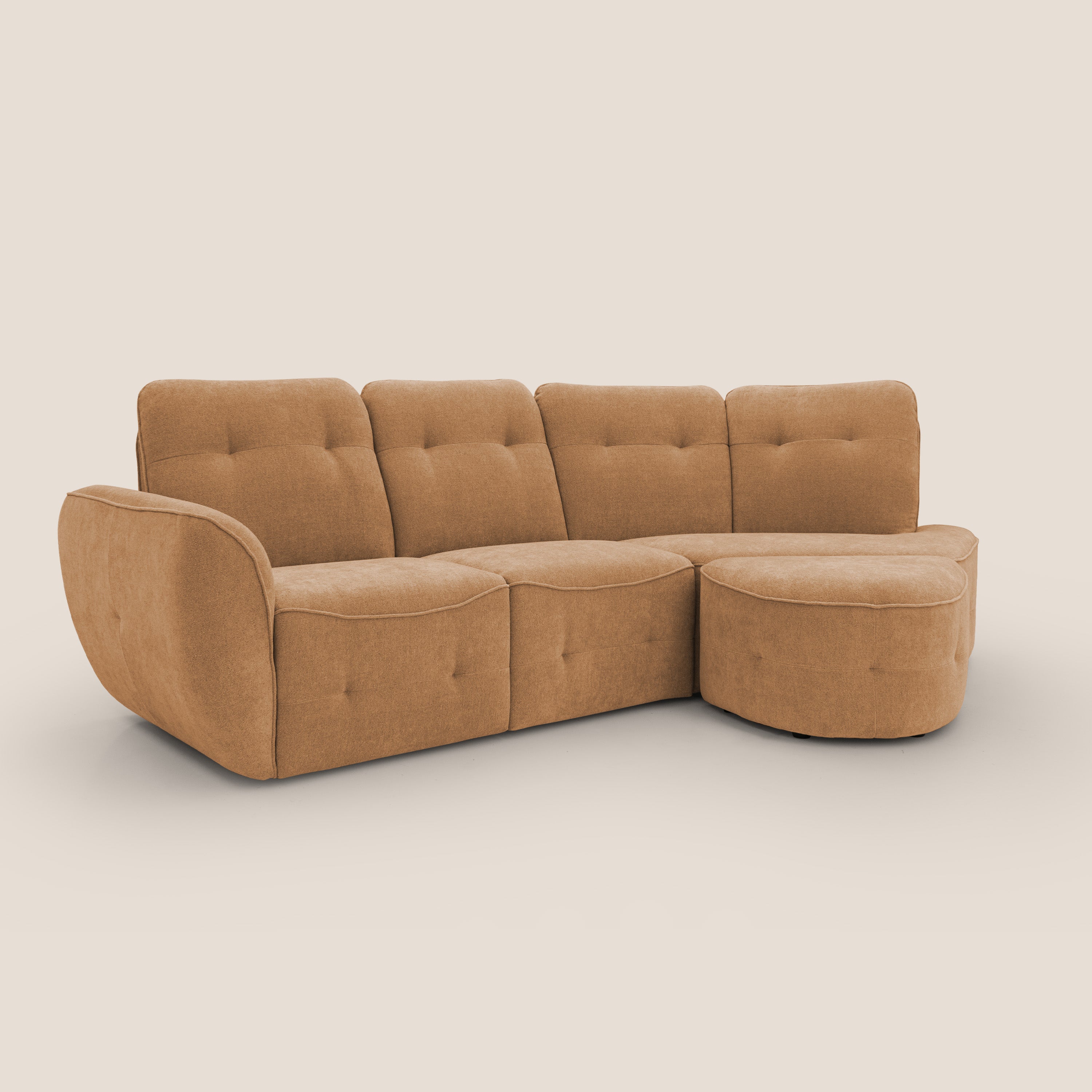 Cerbero divano angolare con pouf mobile in morbido bouclé impermeabile T07 arancio - divani.store