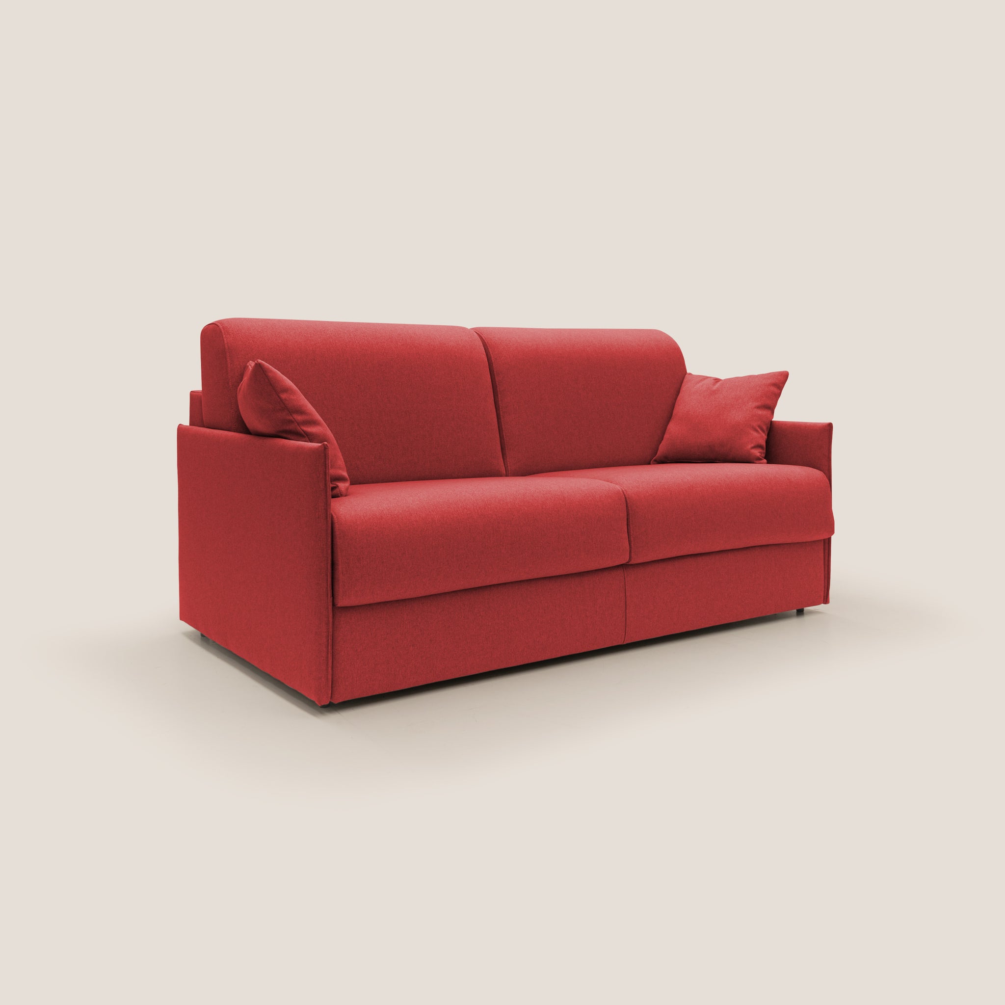 Ecco l'Evans Divano letto di Divani.Store, che misura 189 cm con un materasso di 160x197 cm. Rivestito in tessuto impermeabile T13 in una vivace tonalità di rosso, questo divano letto contemporaneo è completo di due cuscini e presenta linee pulite e dritte che trasudano un design elegante e minimalista. Se posizionato su uno sfondo chiaro e semplice, si distingue come una scelta elegante e di stile per gli spazi abitativi moderni.