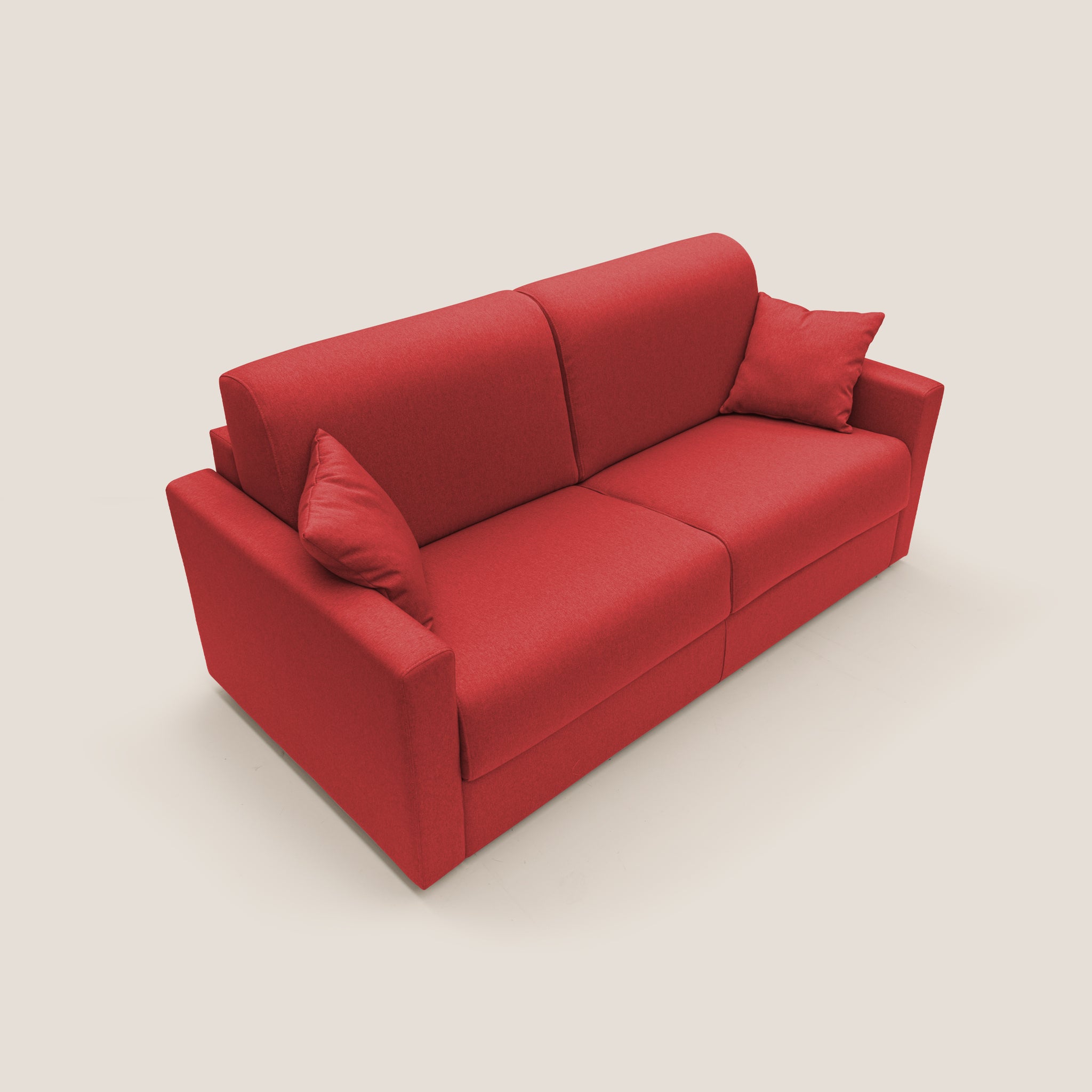 Su uno sfondo neutro, il divano letto Chris in un vivace colore rosso vanta un design moderno. È dotato di due sedute e schienali imbottiti, completati da due cuscini rossi abbinati su entrambi i lati per maggiore comfort e stile. Disponibile esclusivamente presso Divani.Store, questo pezzo è rivestito in tessuto impermeabile T13.