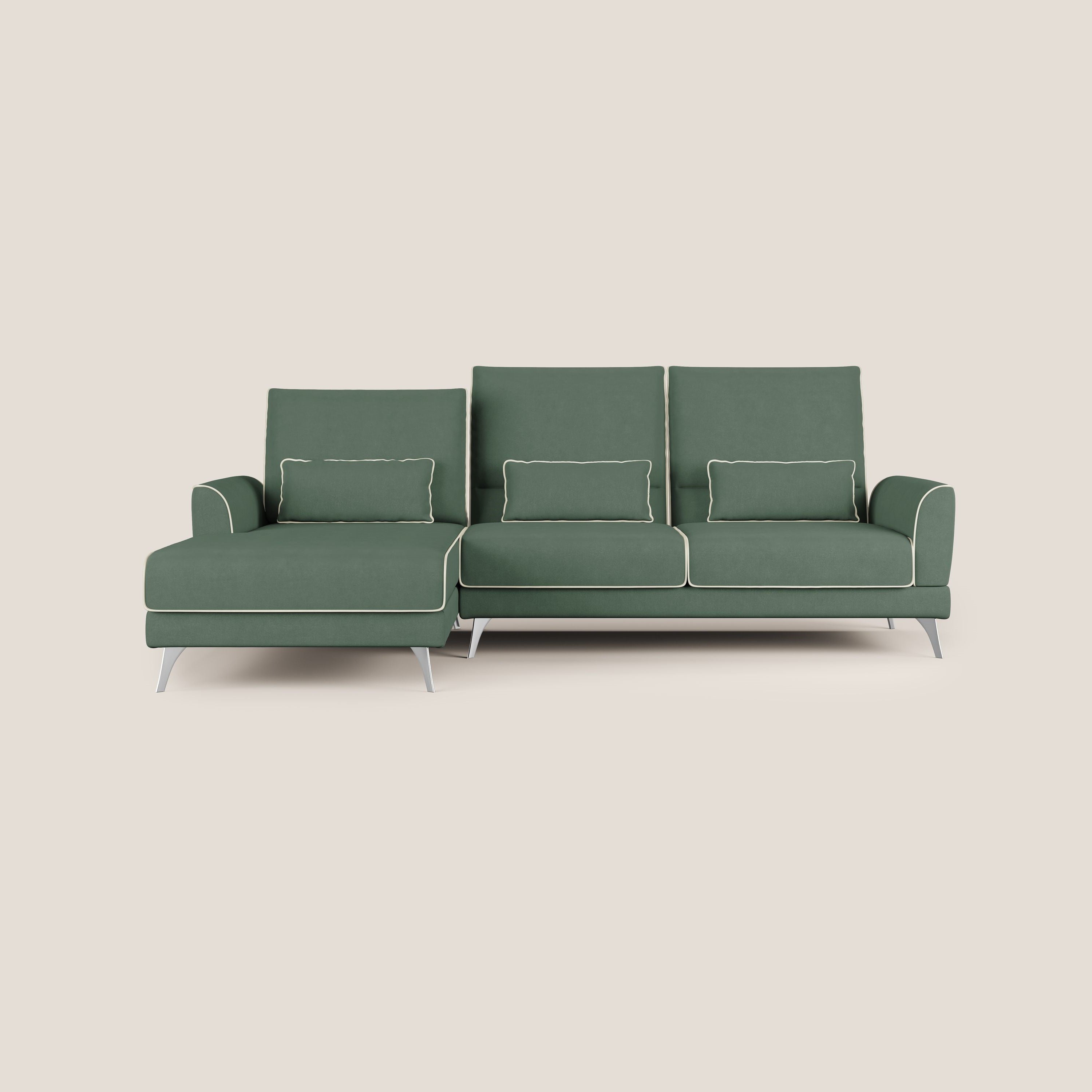 Tommy Divano angolare bicolore con relax e schienali traslanti in microfibra smacchiabile T11 verde - panna - divani.store