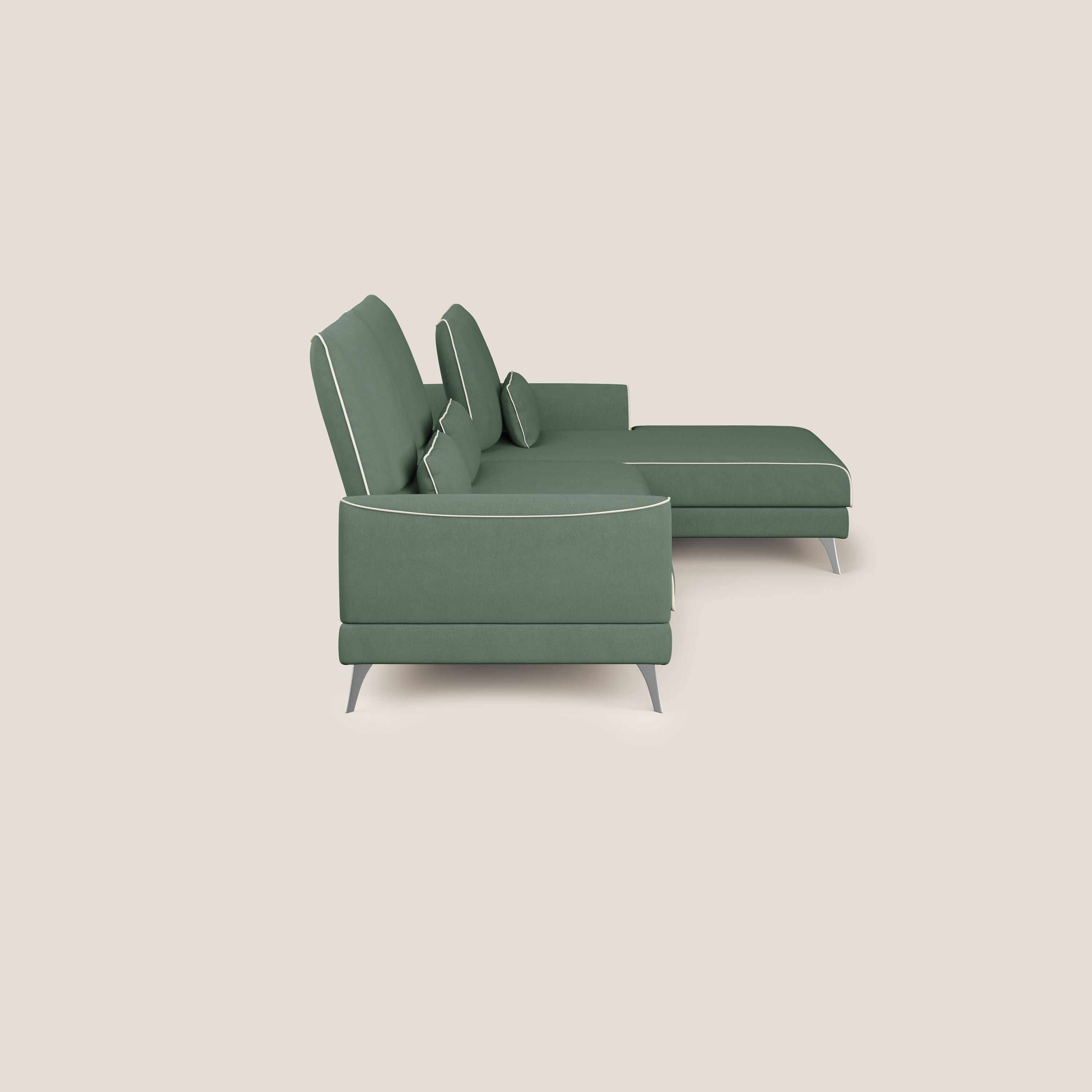 Tommy Divano angolare bicolore con relax e schienali traslanti in microfibra smacchiabile T11 verde - panna - divani.store