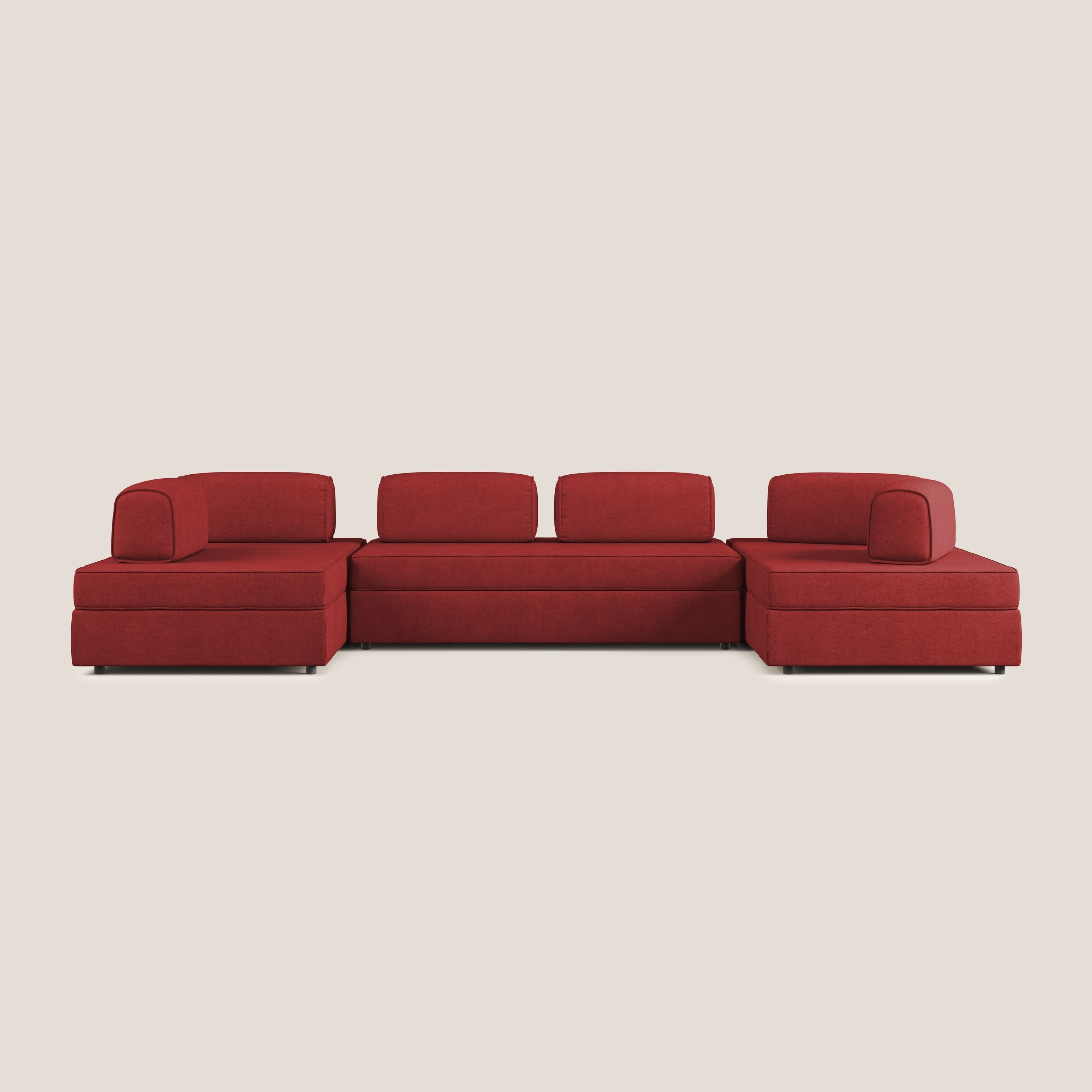 Liberty divano panoramico con pouf estraibile e schienali movibili in tessuto morbido impermeabile T02 rosso - divani.store