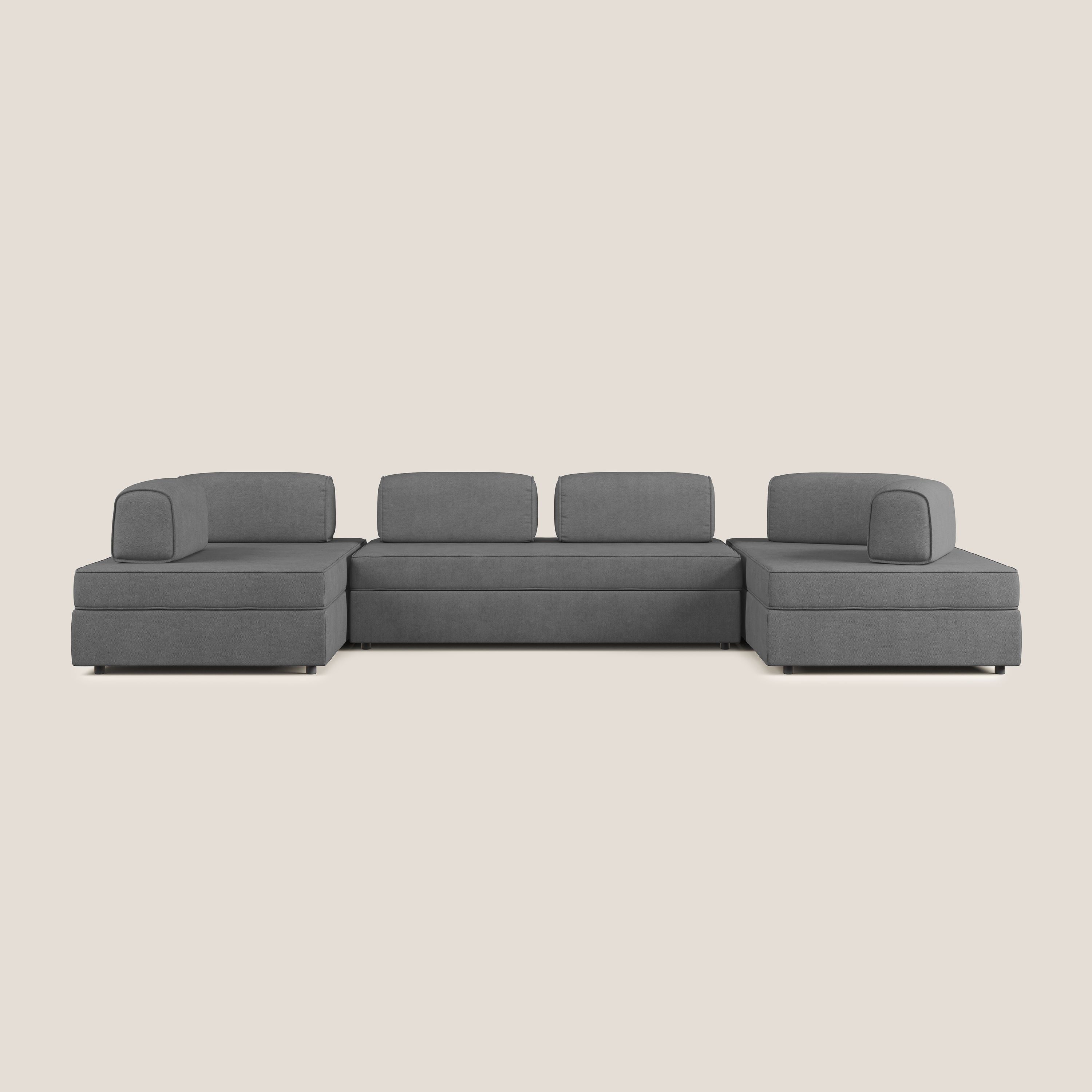 Liberty divano panoramico con pouf estraibile e schienali movibili in tessuto morbido impermeabile T02 grigio - divani.store