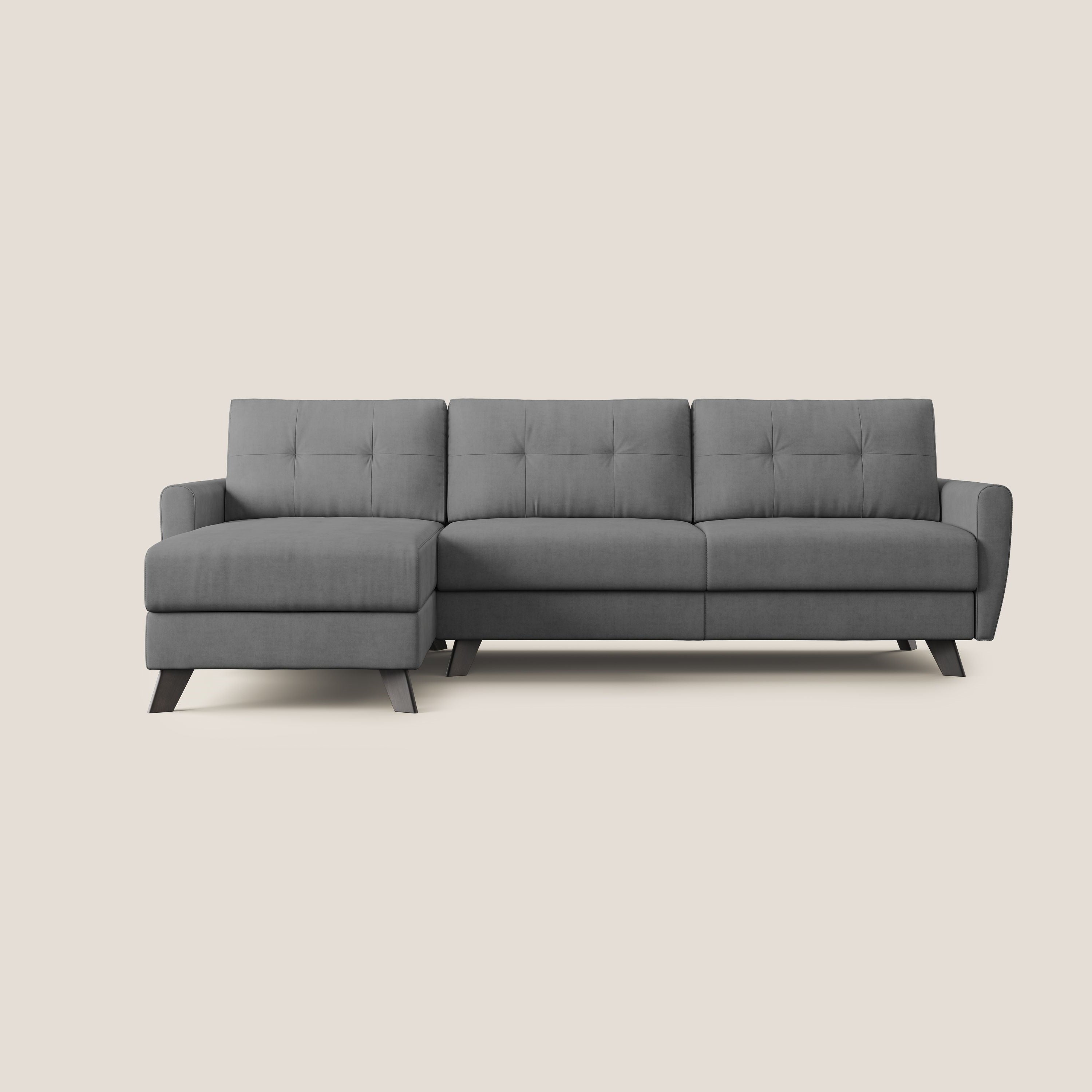 Callisto Divano letto angolare con penisola in tessuto morbido impermeabile T02 grigio - divani.store
