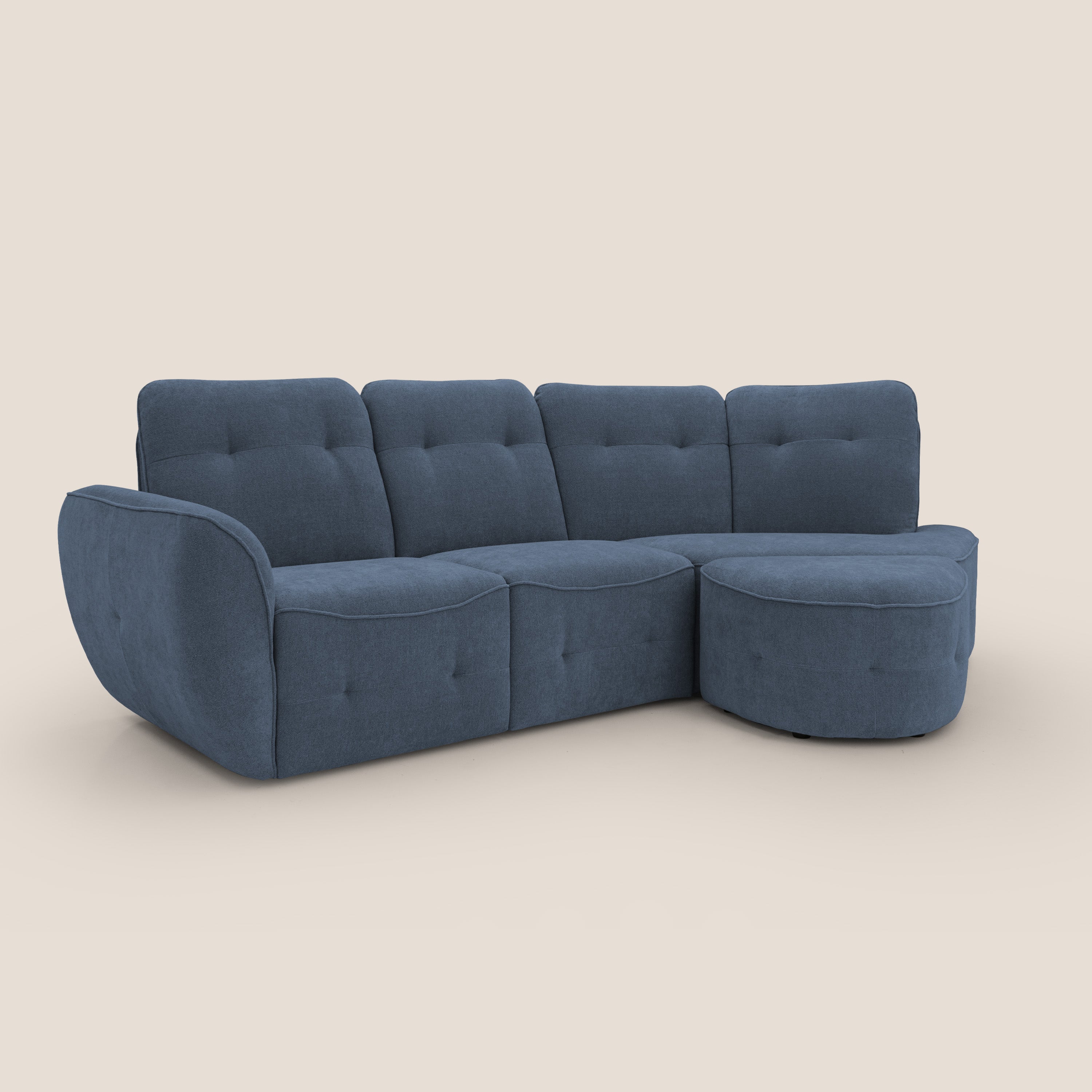 Cerbero divano angolare con pouf mobile in morbido bouclé impermeabile T07 blu - divani.store