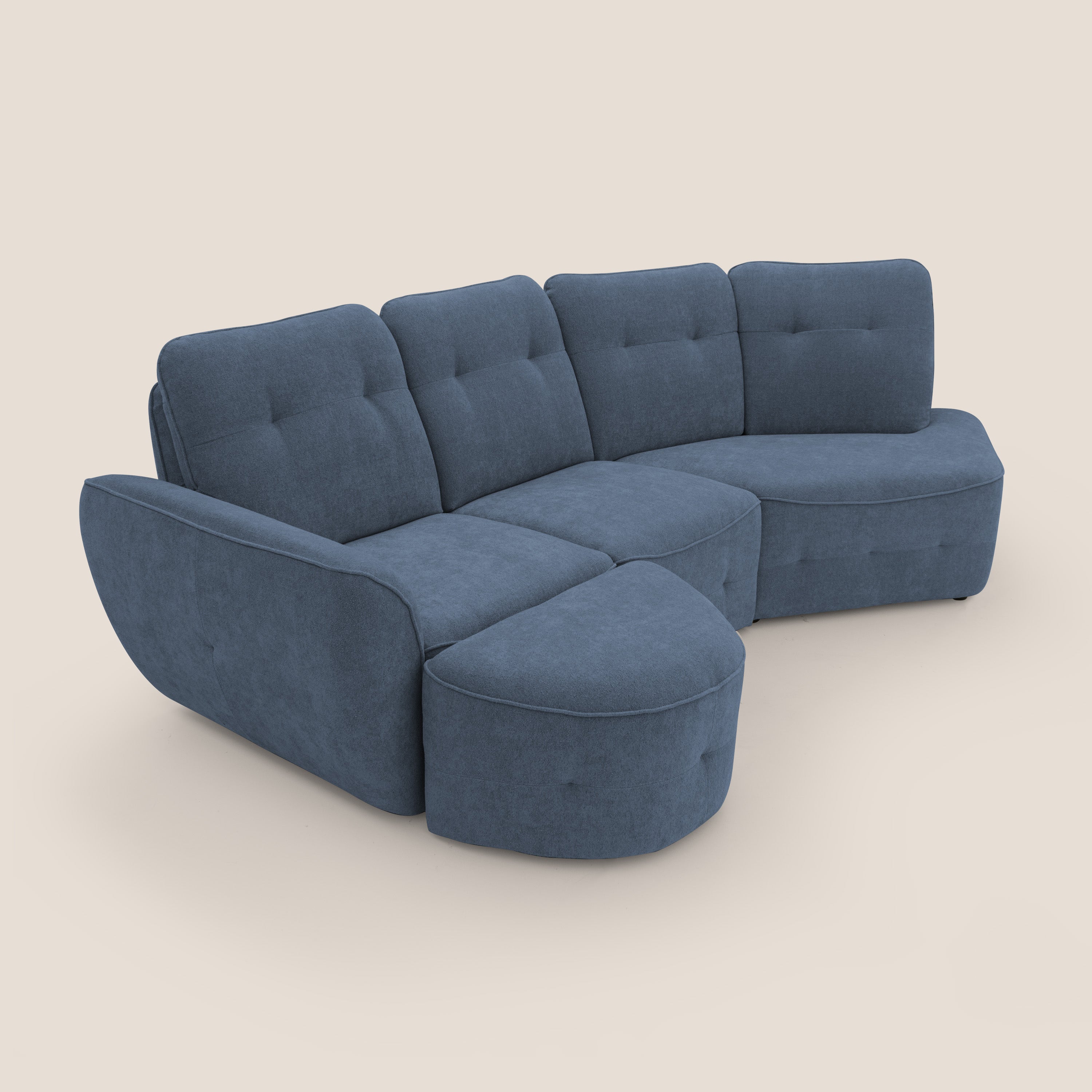 Cerbero divano angolare con pouf mobile in morbido bouclé impermeabile T07 blu - divani.store