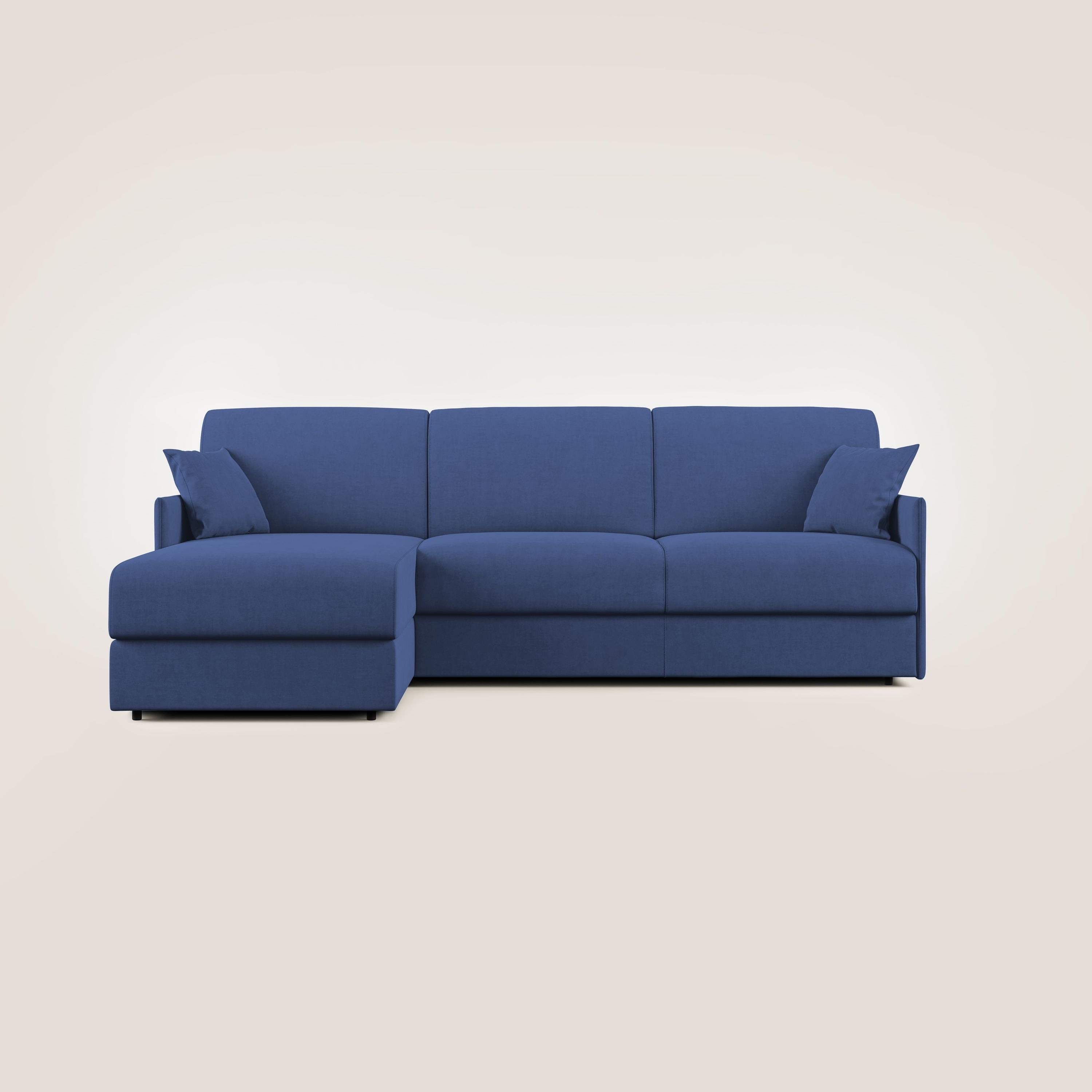 Evans Divano letto angolare con penisola in morbido tessuto impermeabile T02 blu - divani.store