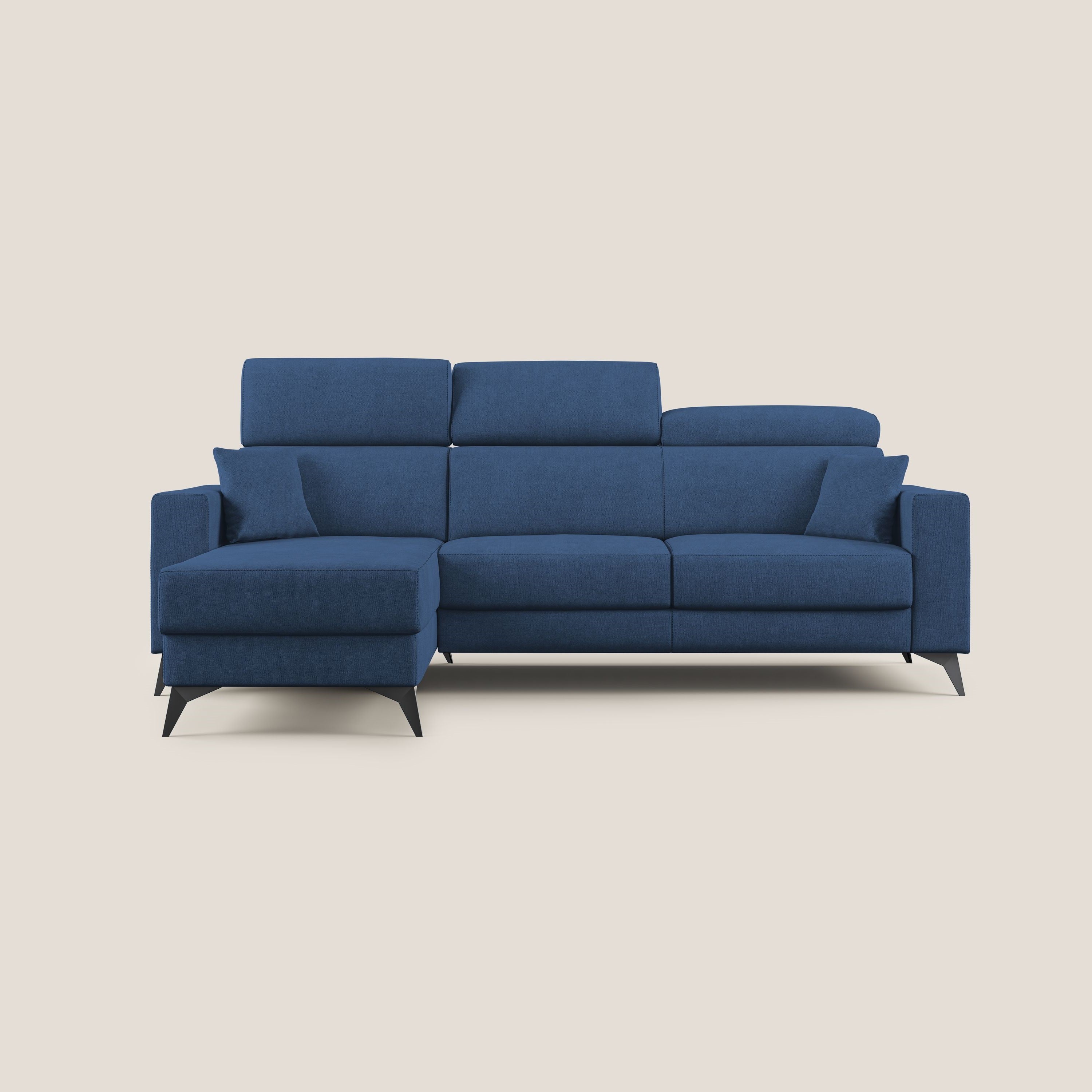 Pegaso divano letto angolare con poggiatesta reclinabili e rivestimento impermeabile T02 blu - divani.store
