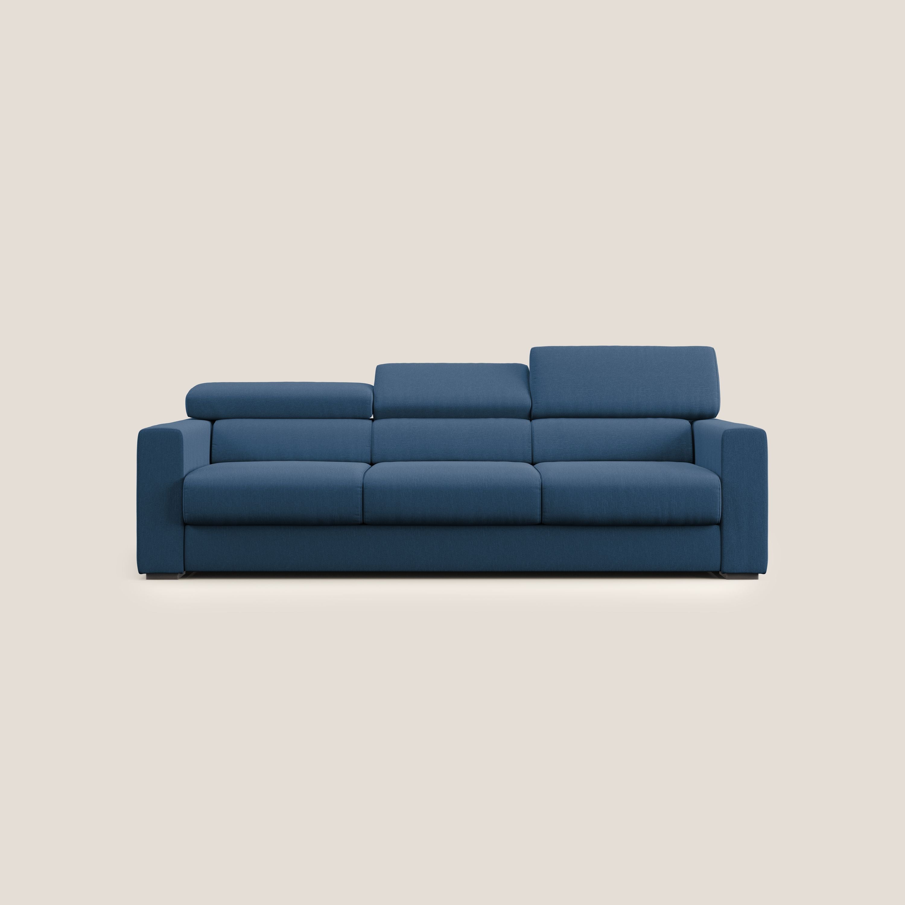 Dylan divano a 3 sedute con pouf estraibile poggiapiedi in tessuto simil cotone impermeabile T13 blu - divani.store