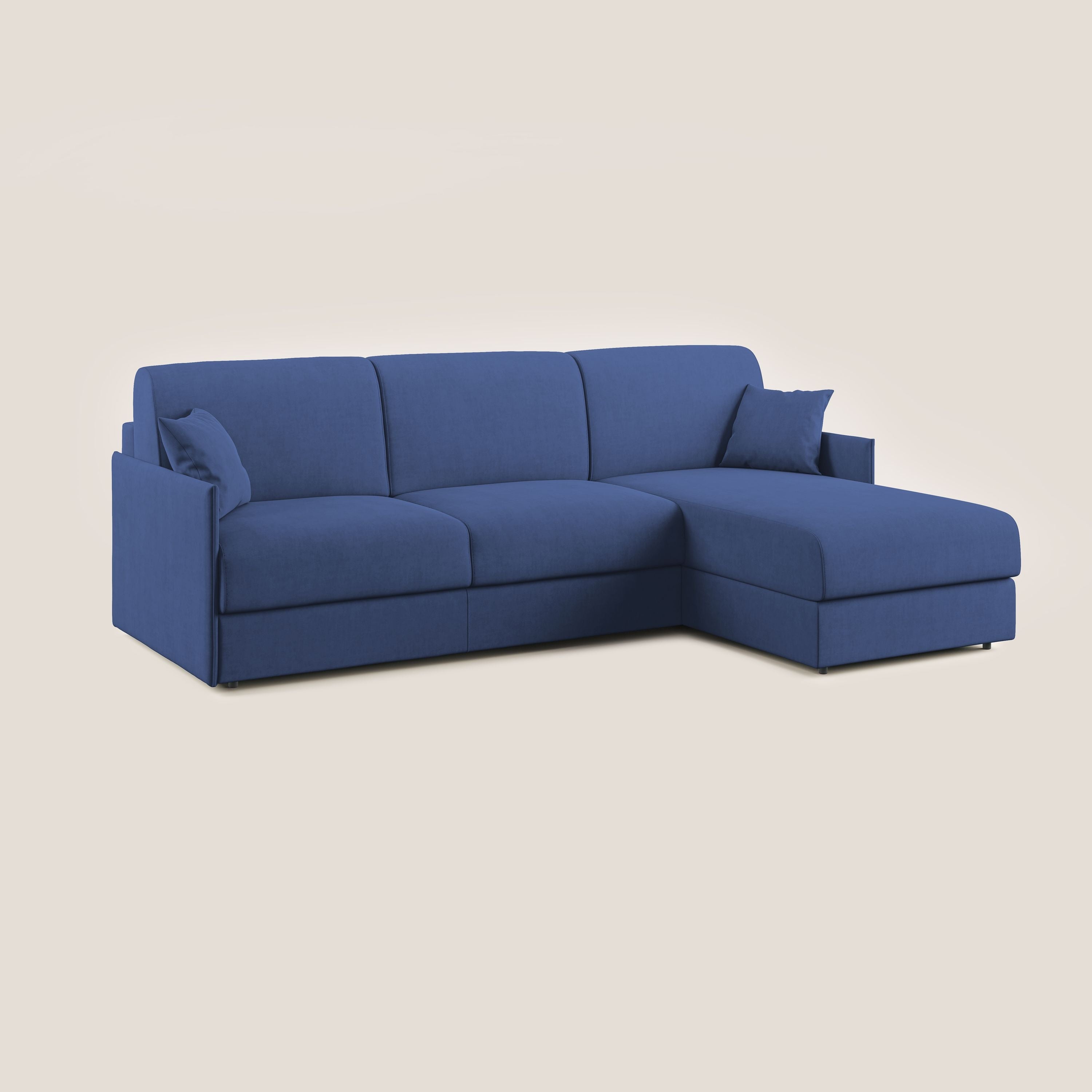 Evans Divano letto angolare con penisola in morbido tessuto impermeabile T02 blu - divani.store