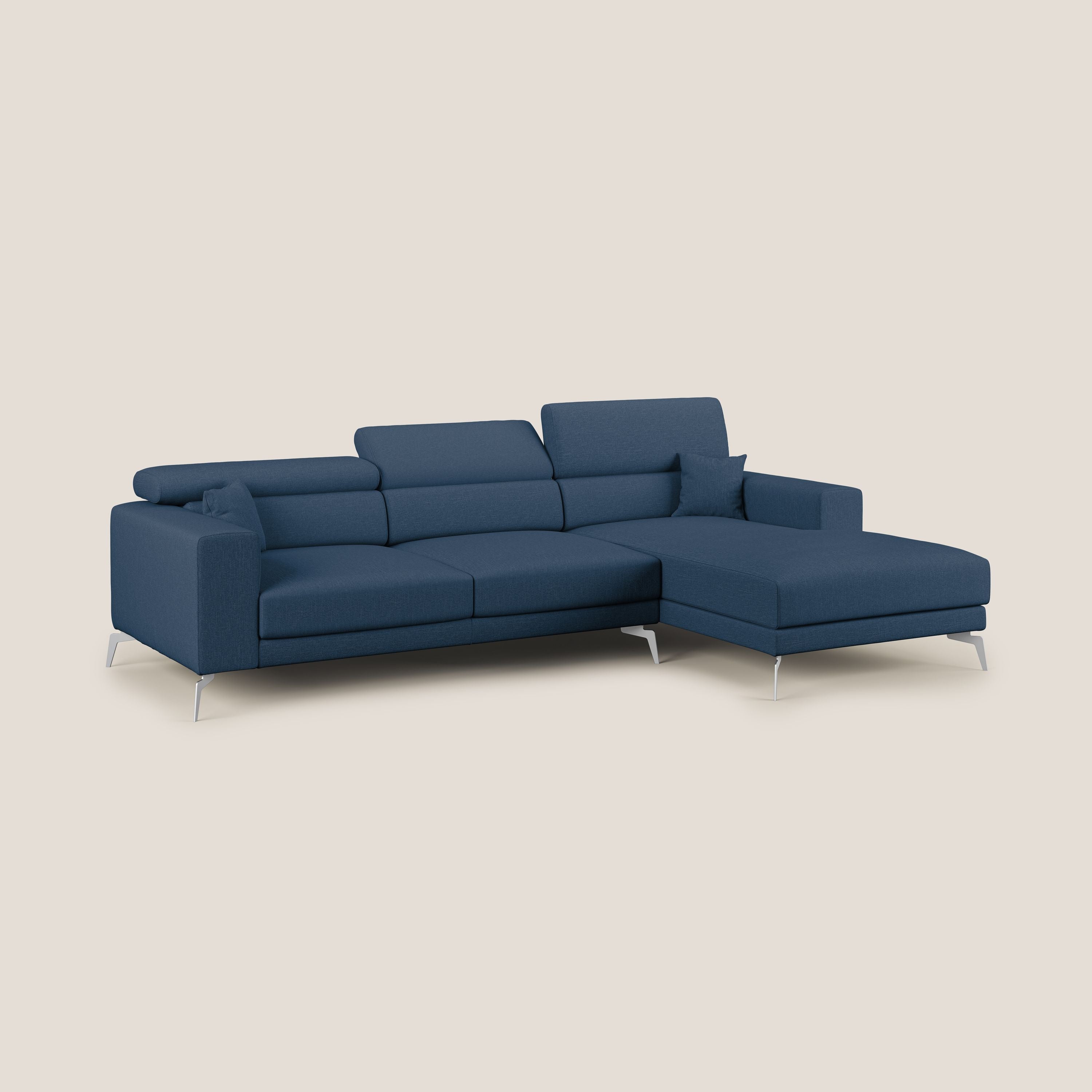 Blade Divano moderno angolare con poggiatesta reclinabili in tessuto impermeabile simil-cotone T13 blu - divani.store