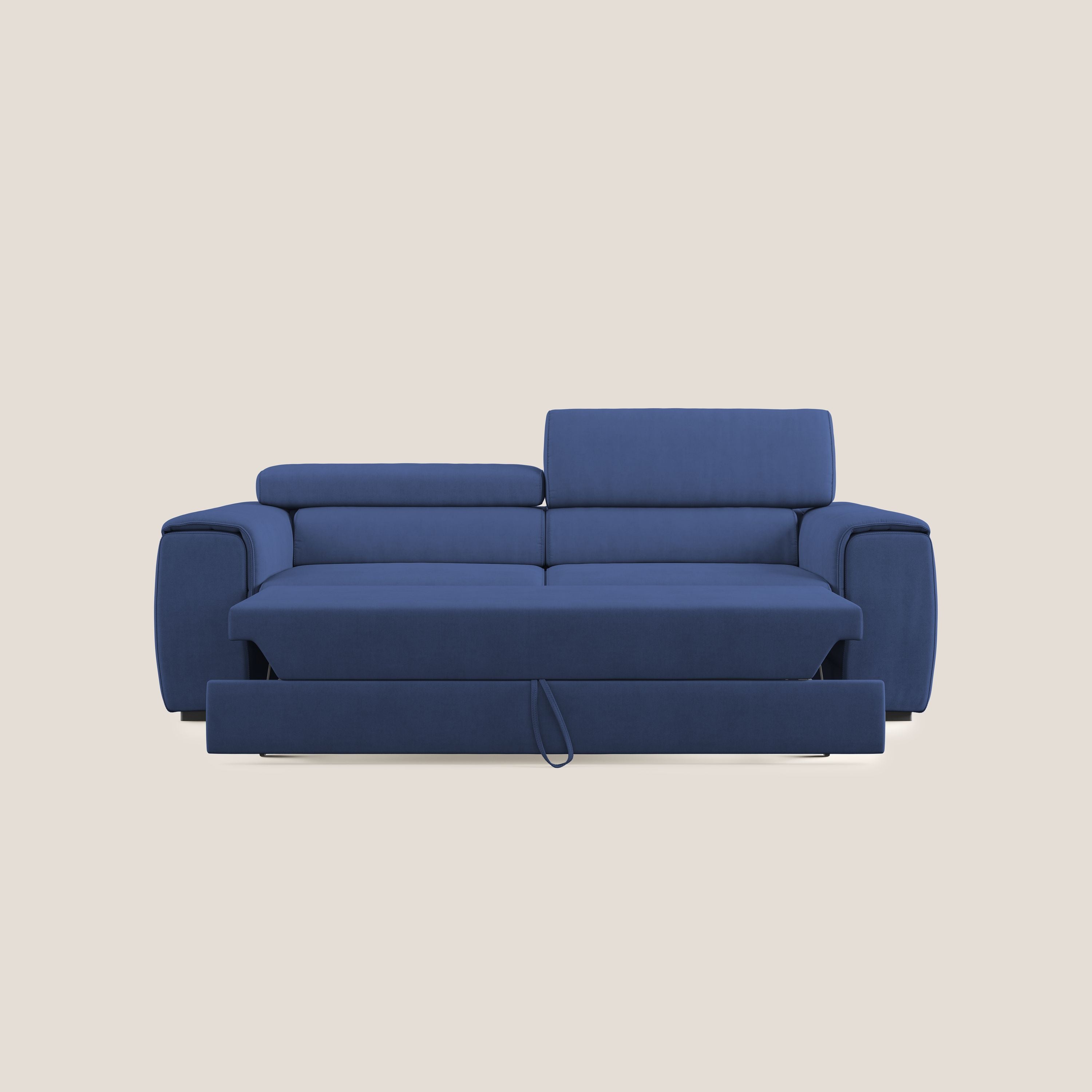 Zeno Divano con pouf estraibile poggiapiedi in tessuto morbido impermeabile T02 blu - divani.store