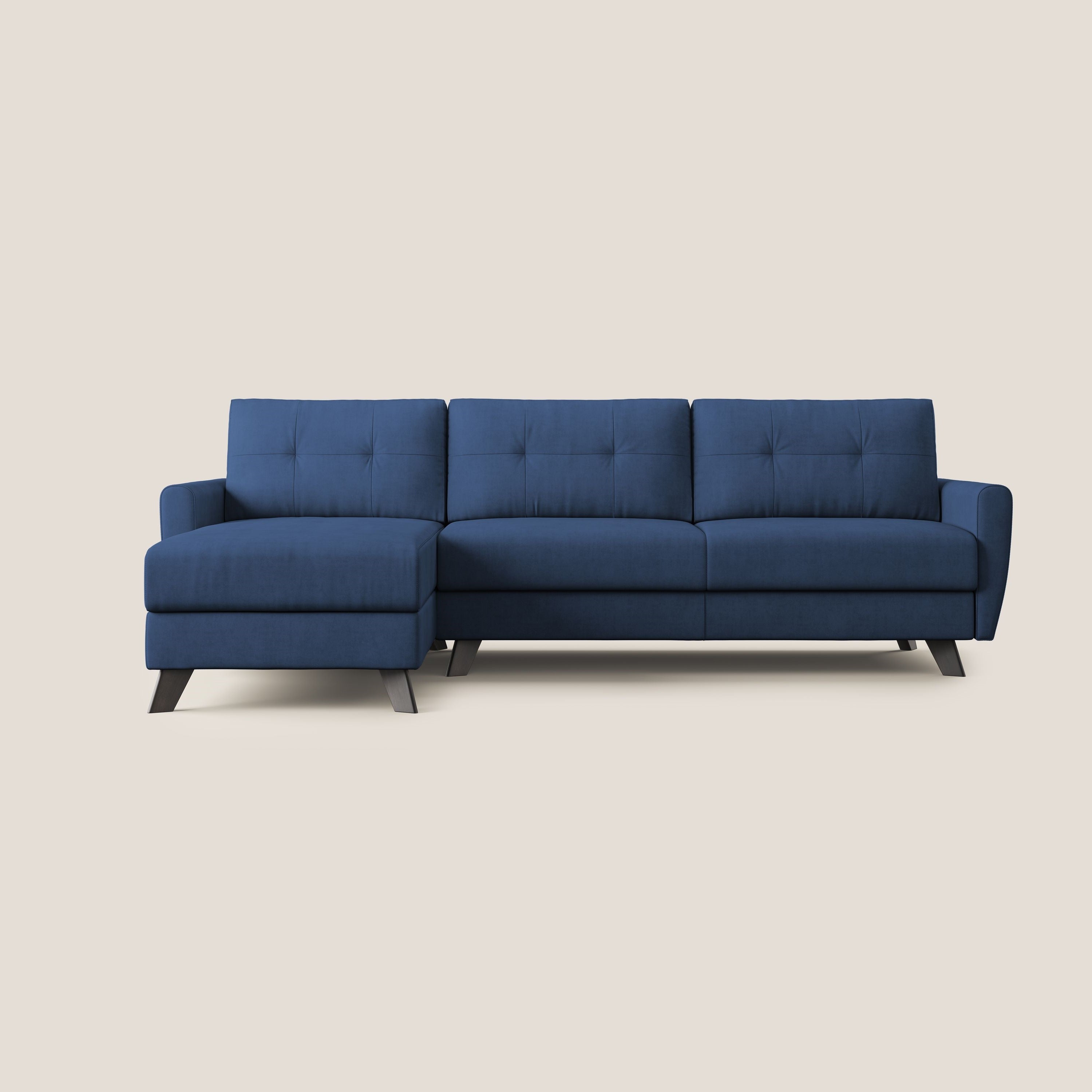 Callisto Divano letto angolare con penisola in tessuto morbido impermeabile T02 blu - divani.store