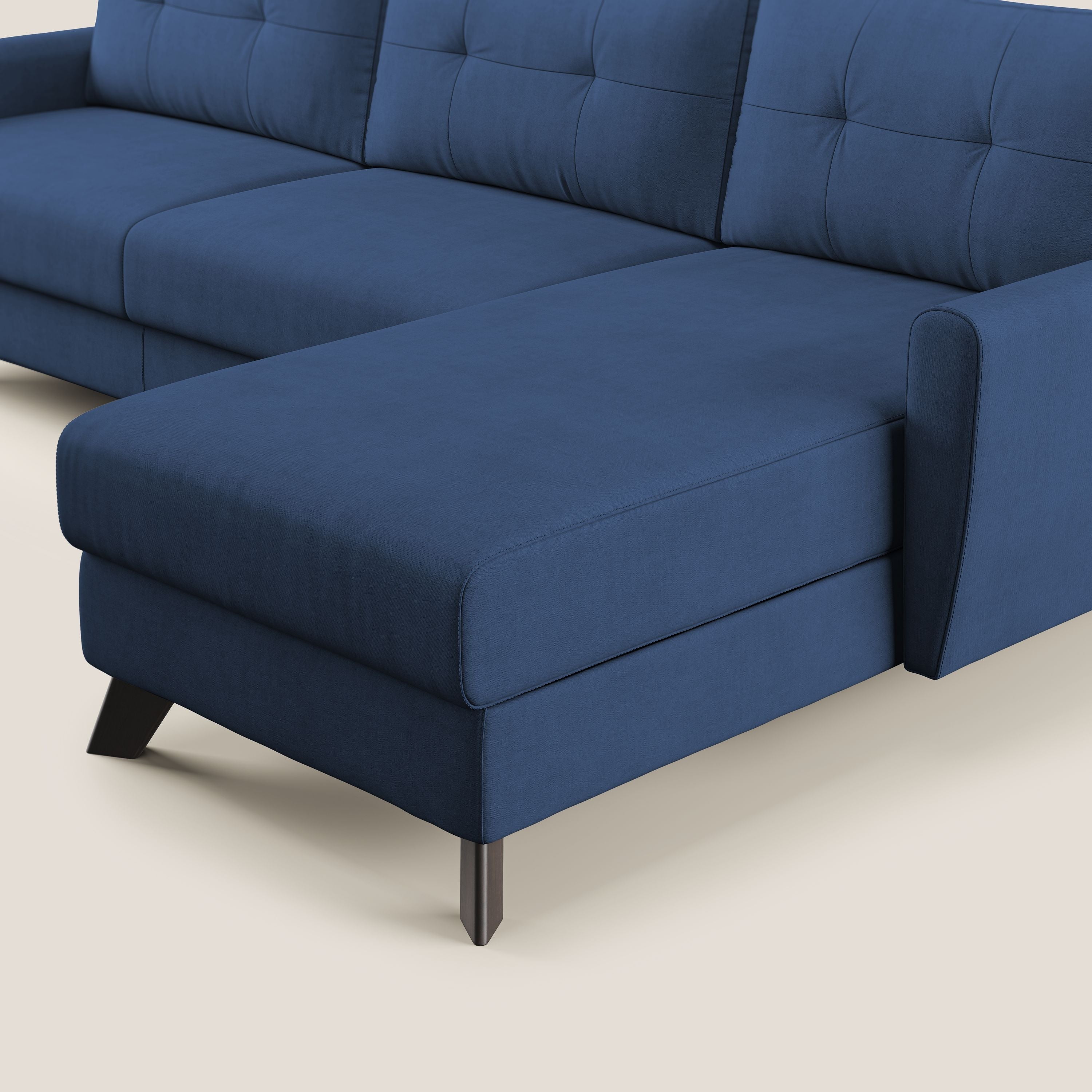 Callisto Divano letto angolare con penisola in tessuto morbido impermeabile T02 blu - divani.store