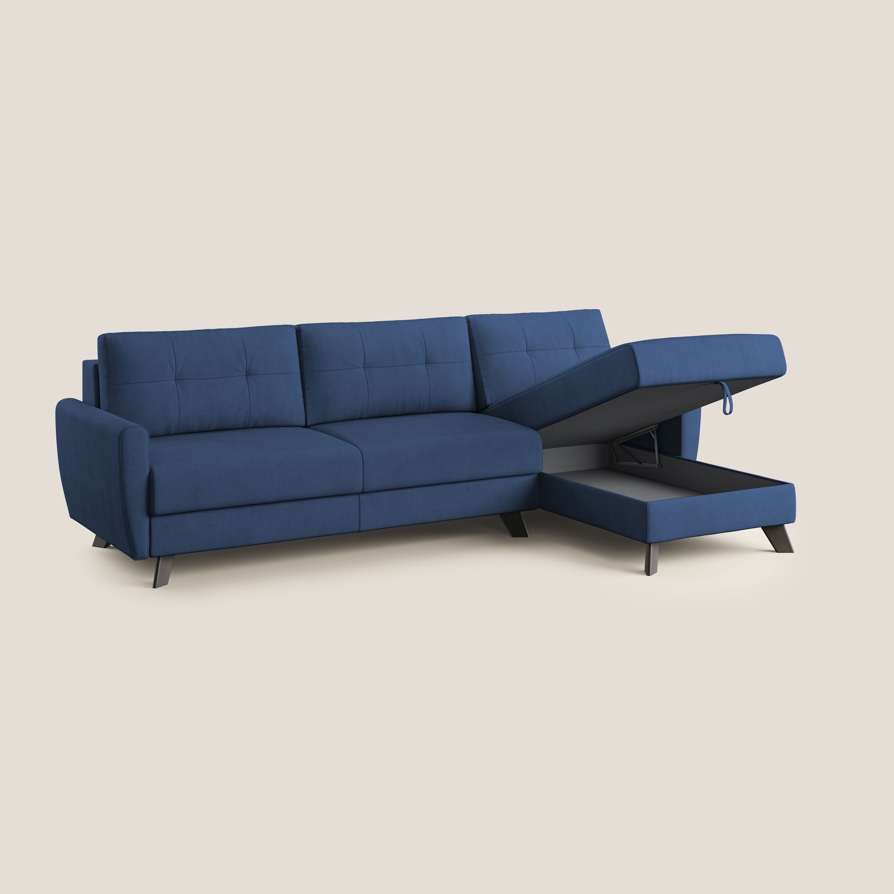 Callisto Divano letto angolare con penisola in tessuto morbido impermeabile T02 blu - divani.store