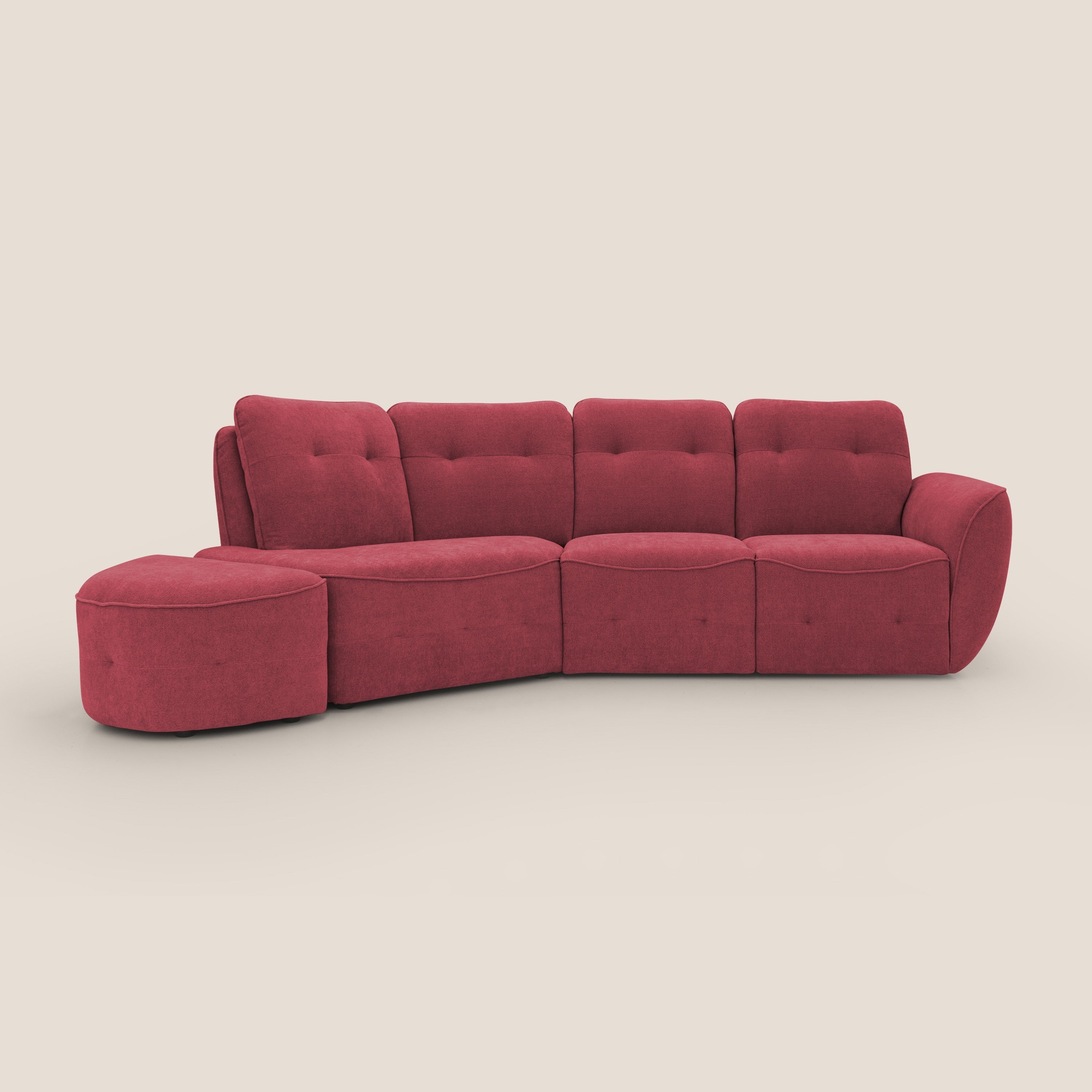 Cerbero divano angolare con pouf mobile in morbido bouclé impermeabile T07 rosso - divani.store
