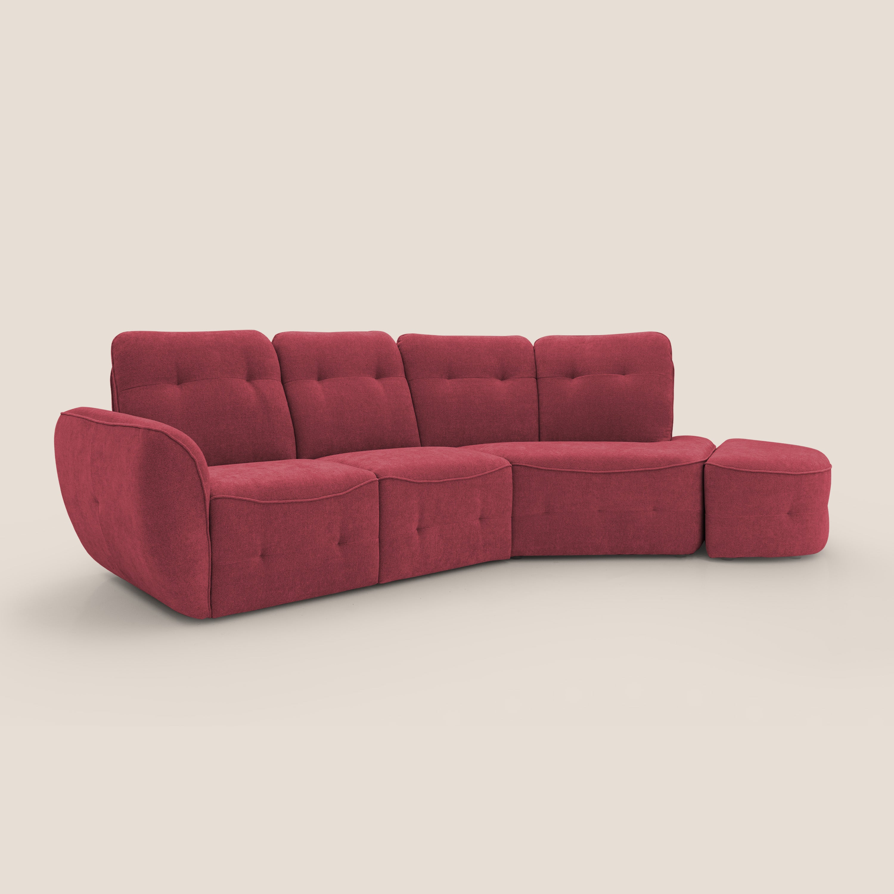 Cerbero divano angolare con pouf mobile in morbido bouclé impermeabile T07 rosso - divani.store