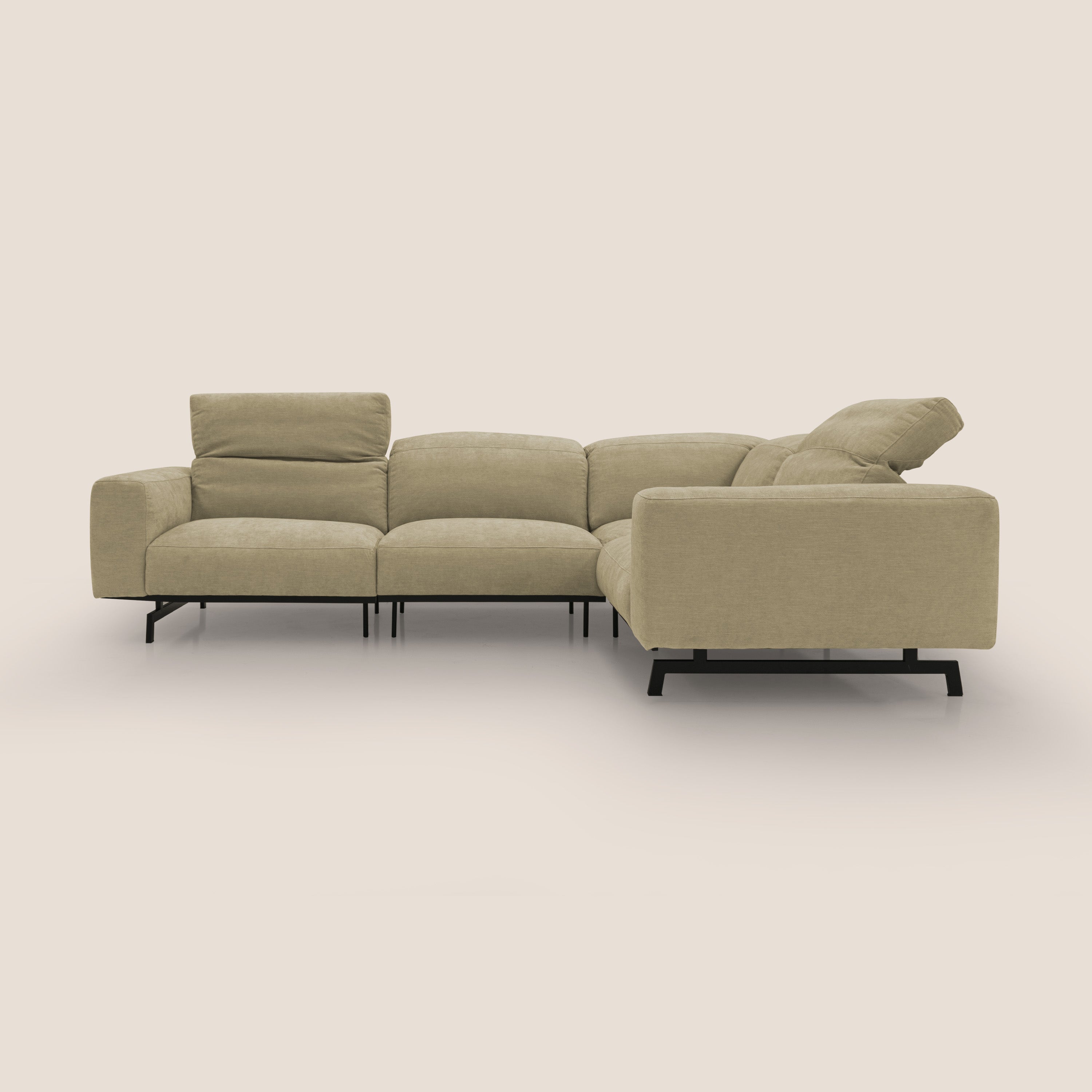 Sakura divano in piuma d'oca angolare REVERSIBILE in morbido tessuto fiammato impermeabile T14 beige - divani.store