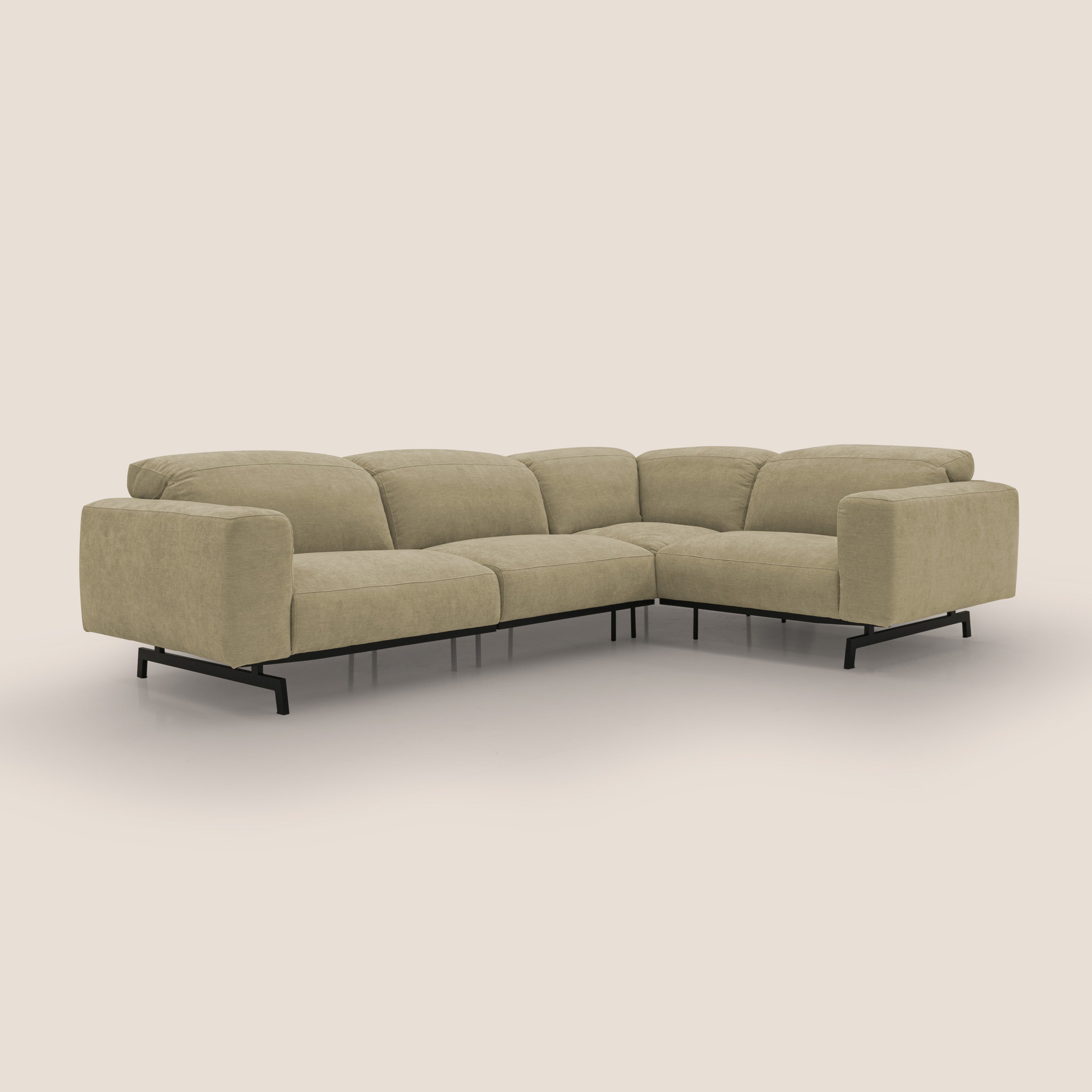 Sakura divano in piuma d'oca angolare REVERSIBILE in morbido tessuto fiammato impermeabile T14 beige - divani.store