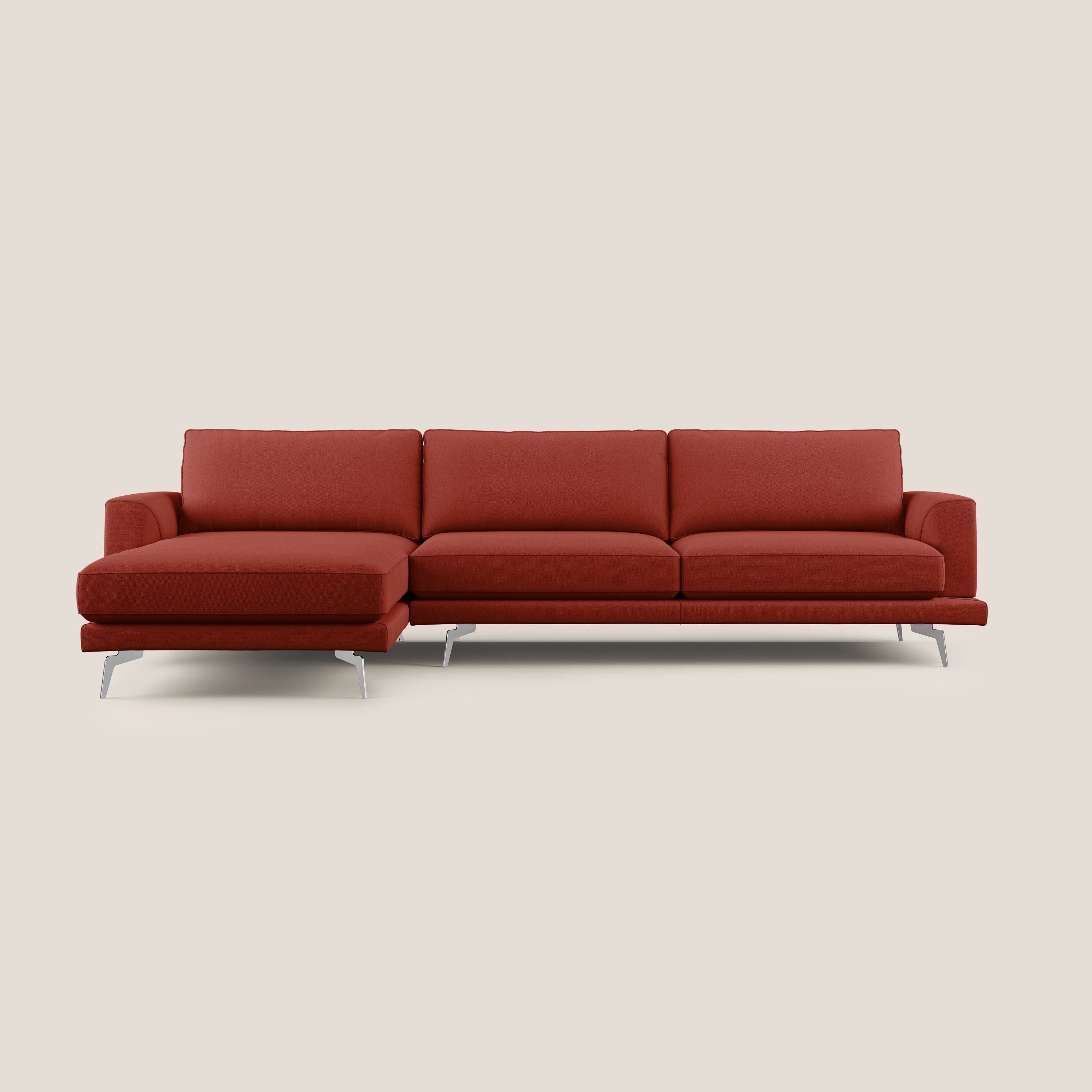 Dorian divano moderno angolare con penisola in tessuto morbido antimacchia T05 rosso - divani.store