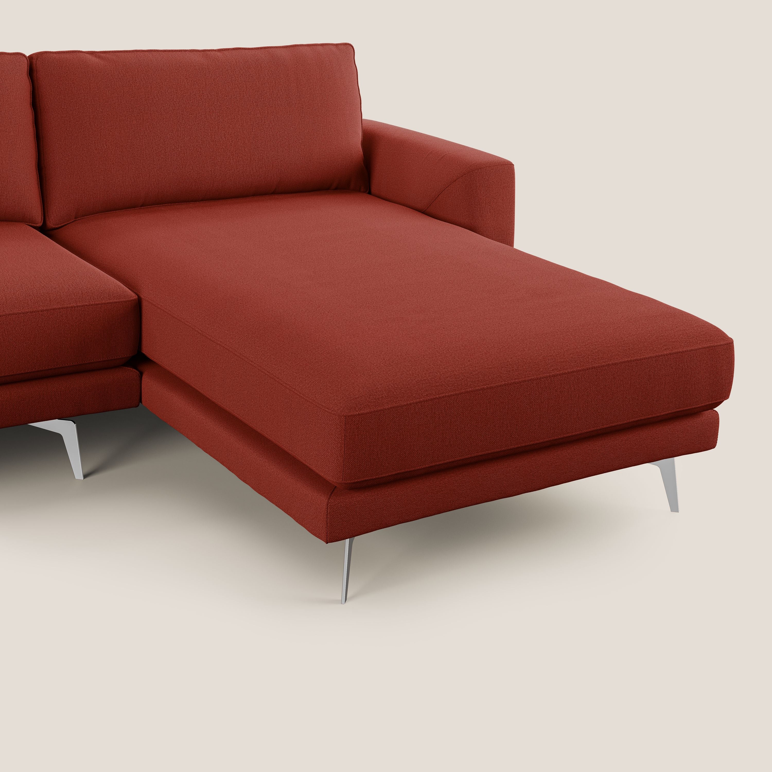 Dorian divano moderno angolare con penisola in tessuto morbido antimacchia T05 rosso - divani.store