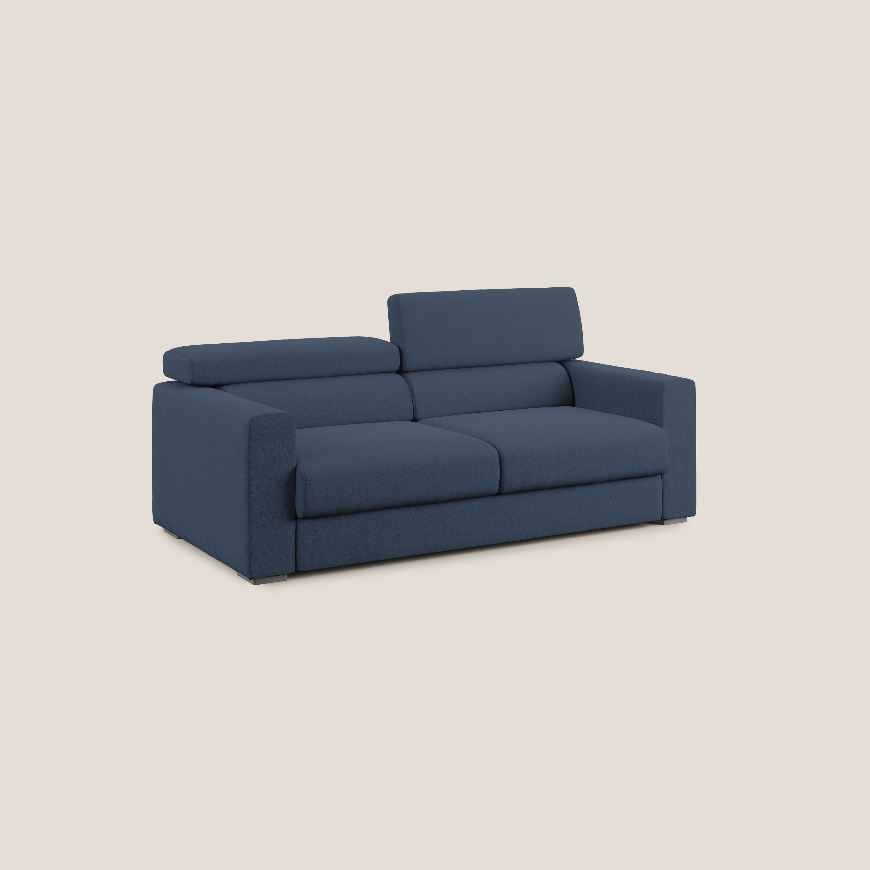Dylan divano allungabile con pouf estraibile poggiapiedi in tessuto fiammato simil cotone impermeabile T19 blu - divani.store