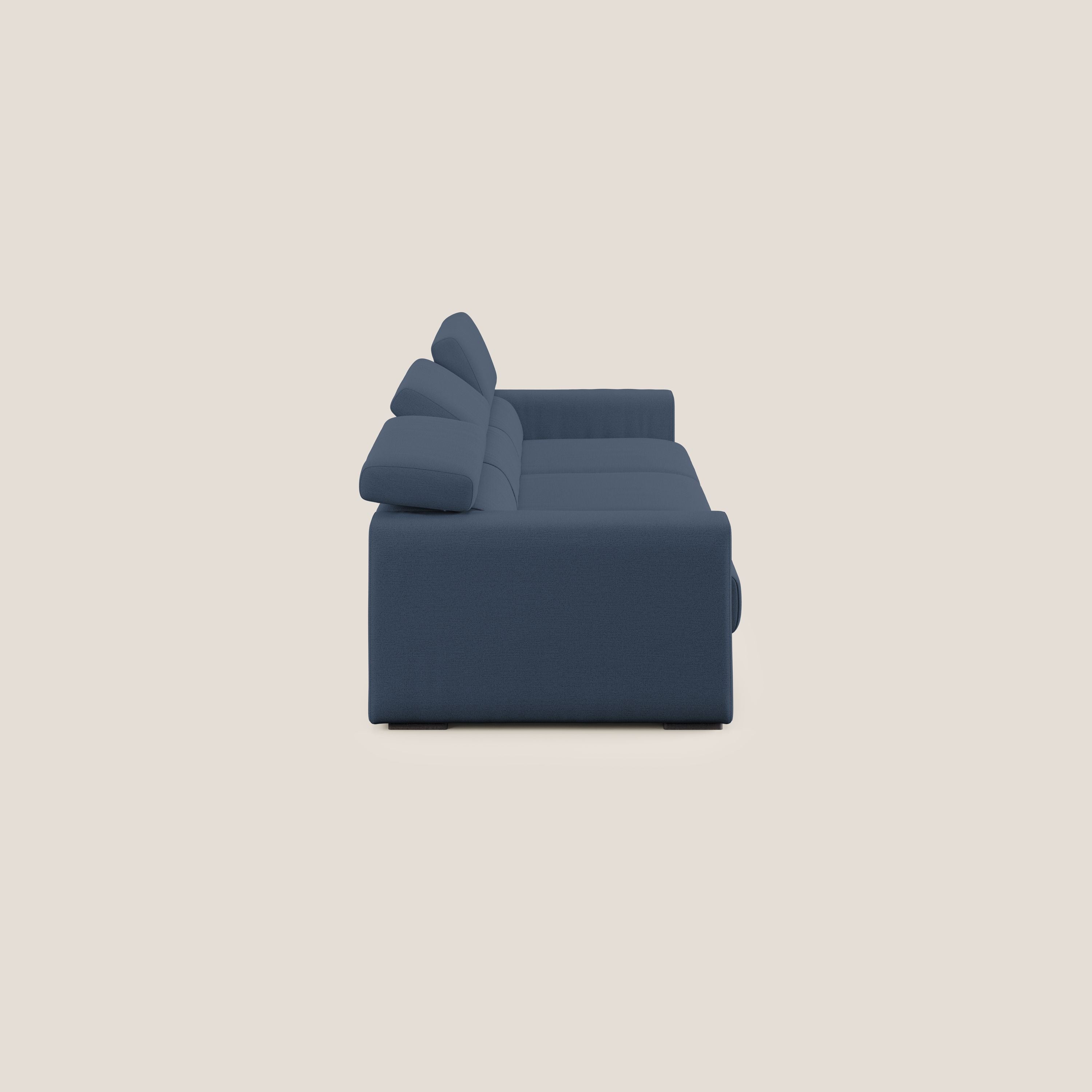 Dylan divano a 3 sedute con pouf estraibile poggiapiedi in tessuto fiammato simil cotone impermeabile T19 blu - divani.store